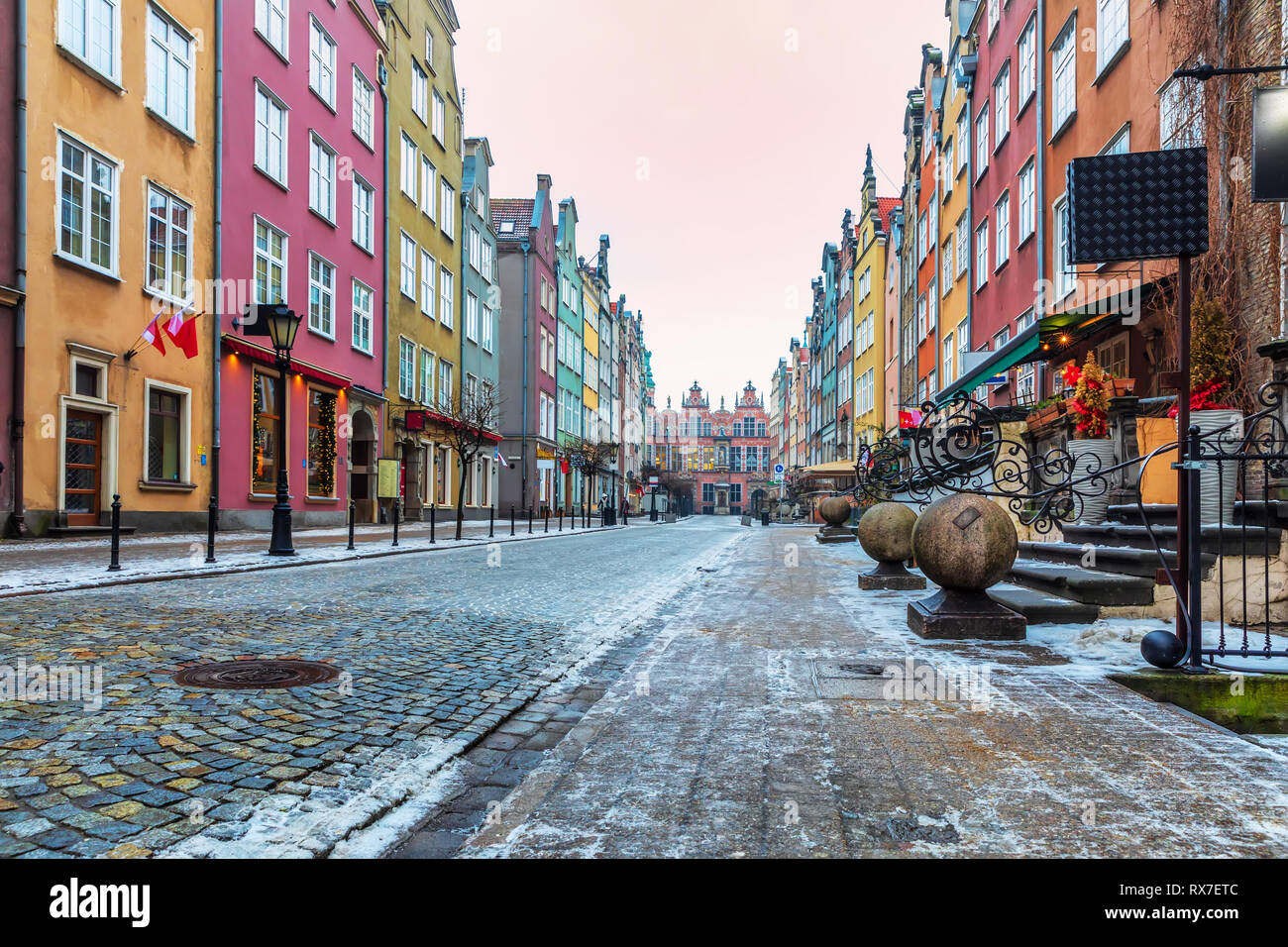 Bâtiments colorés dans la rue Piwna, Gdansk, Pologne Banque D'Images