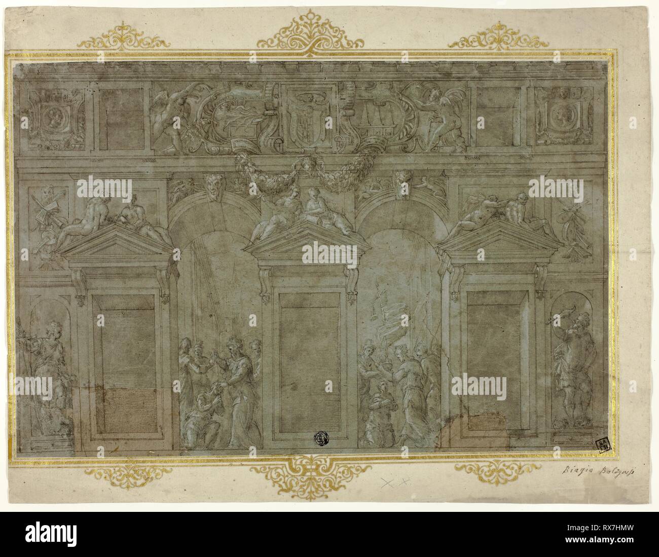 Conception pour une décoration de façade. Cercle de Girolamo Genga ; italien, ch. 1476-1551. Date : 1546-1550. Dimensions : 260 x 397 mm (max.). Plume et encre brune, rehaussée de blanc de plomb, sur papier vergé bleu, edge monté sur papier vergé crème avec pinceau en bordure d'ornement et d'or de la peinture. Origine : Italie. Musée : le Chicago Art Institute. Banque D'Images