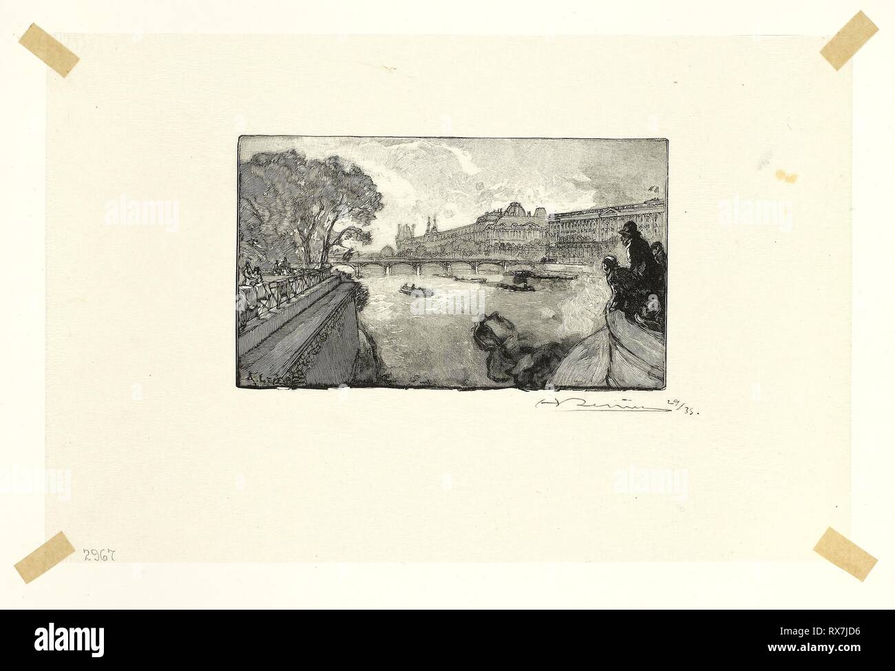 Le Louvre, le Pont-Neuf, vu de treize plaques de : Le long de la Seine et des boulevards. Louis Auguste Lepère (Français, 1849-1918), publié par A. Desmoulins (français, actif c. 1908-1910). Date : 1890. Dimensions : 72 × 122 mm (image), 149 × 228 mm (feuille). La gravure sur bois en noir sur fond crème tissu japonais. Origine : France. Musée : le Chicago Art Institute. Banque D'Images