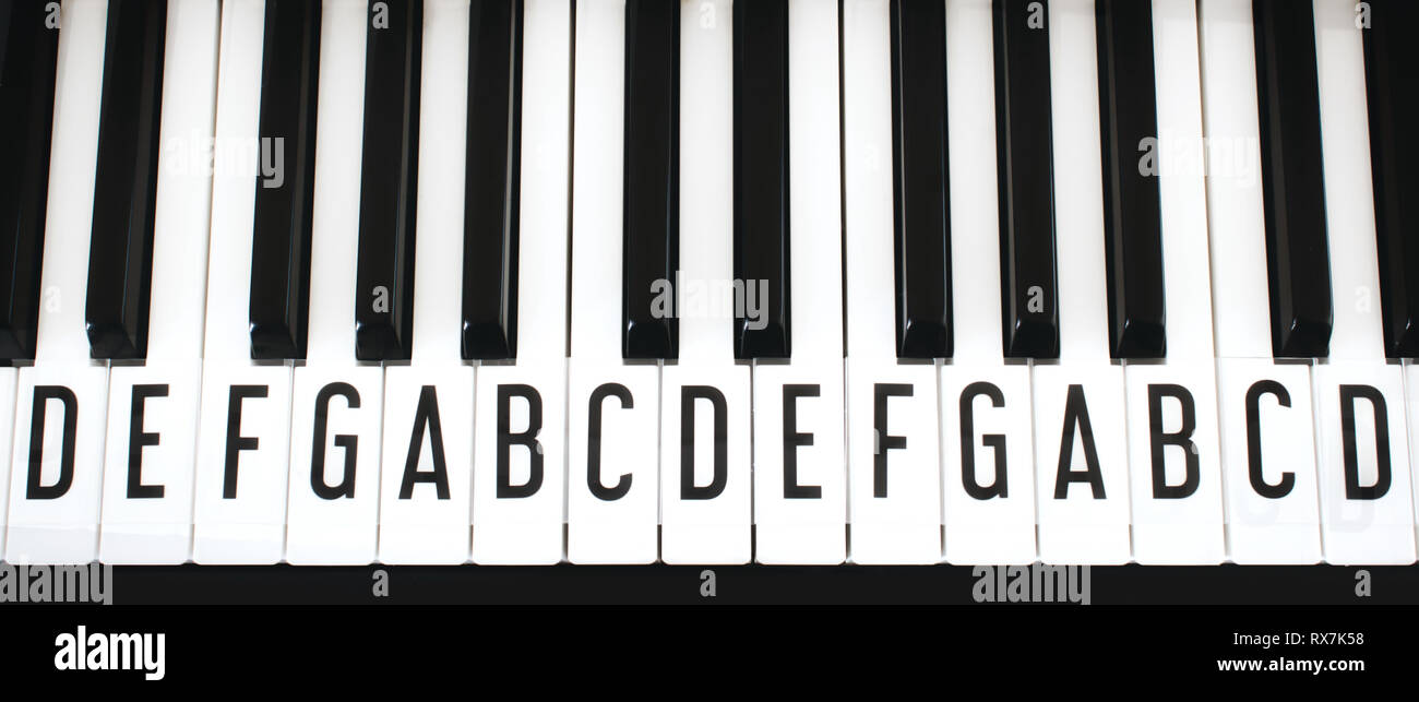 Vue de haut en bas les touches du clavier de piano avec des lettres de  notes de l'échelle superpose comme un aide-mémoire de la musique pour un  nouvel utilisateur Photo Stock -