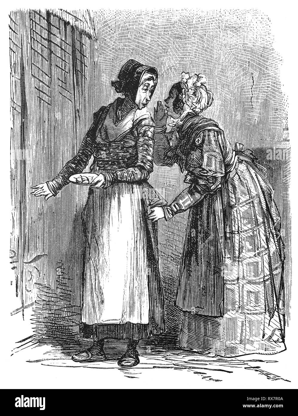 Deux femmes discuter de la mort d'un voisin à Haarlem, aux Pays-Bas. À partir de la 19e siècle Camera Obscura, une collection d'humour néerlandais-réalistes d'essais, de récits et les croquis dans lequel Hildebrand, l'auteur, prend un regard ironique sur le comportement de la "bien-to-do', les trouvant bourgeois et sans un mot pour eux. Banque D'Images