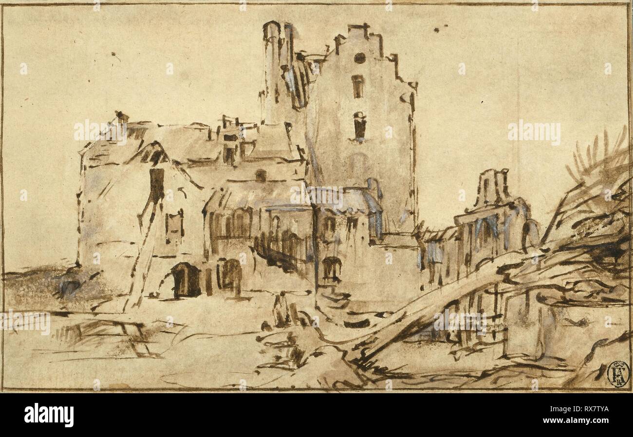 Château Kostverloren. Rembrandt van Rijn, néerlandais, 1606-1669. Date :  1652-1657. Dimensions : 109 x 175 mm. Plume et encre brune, à l'aide d'un  pinceau et lavis, rehaussée de touches de blanc, gouache