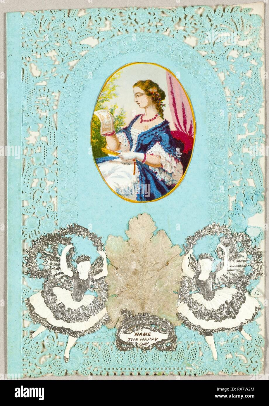 Le nom de Jour Heureux (valentine). Thomas Wood ; Anglais, 19ème siècle. Date : 1859-1869. Dimensions : 120 × 84 mm (tôle pliée). Éléments de collage sur cut et gaufrés (Lace) vélin bleu. Origine : Angleterre. Musée : le Chicago Art Institute. Banque D'Images