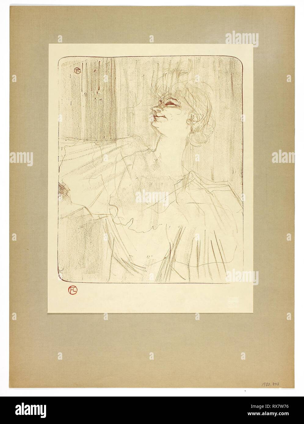 À Ménilmontant par Bruant, plaque quatre d'Yvette Guilbert. Henri de Toulouse-Lautrec (Français, 1864-1901) ; imprimé par Westminster Press (Anglais, 20e siècle) ; publié par le Ernest Brown &AMP ; Phillips (anglais, 20ème siècle). Date : 1898. Dimensions : 296 × 241 mm (image) ; 350 × 267 mm (support principal) ; 497 × 371 mm (support secondaire). Lithographie (crayon avec grattoir) à la sanguine (rouge-brun) sur vélin crème à charnière aux coins supérieurs à brun-gris papier vélin. Origine : France. Musée : le Chicago Art Institute. Banque D'Images