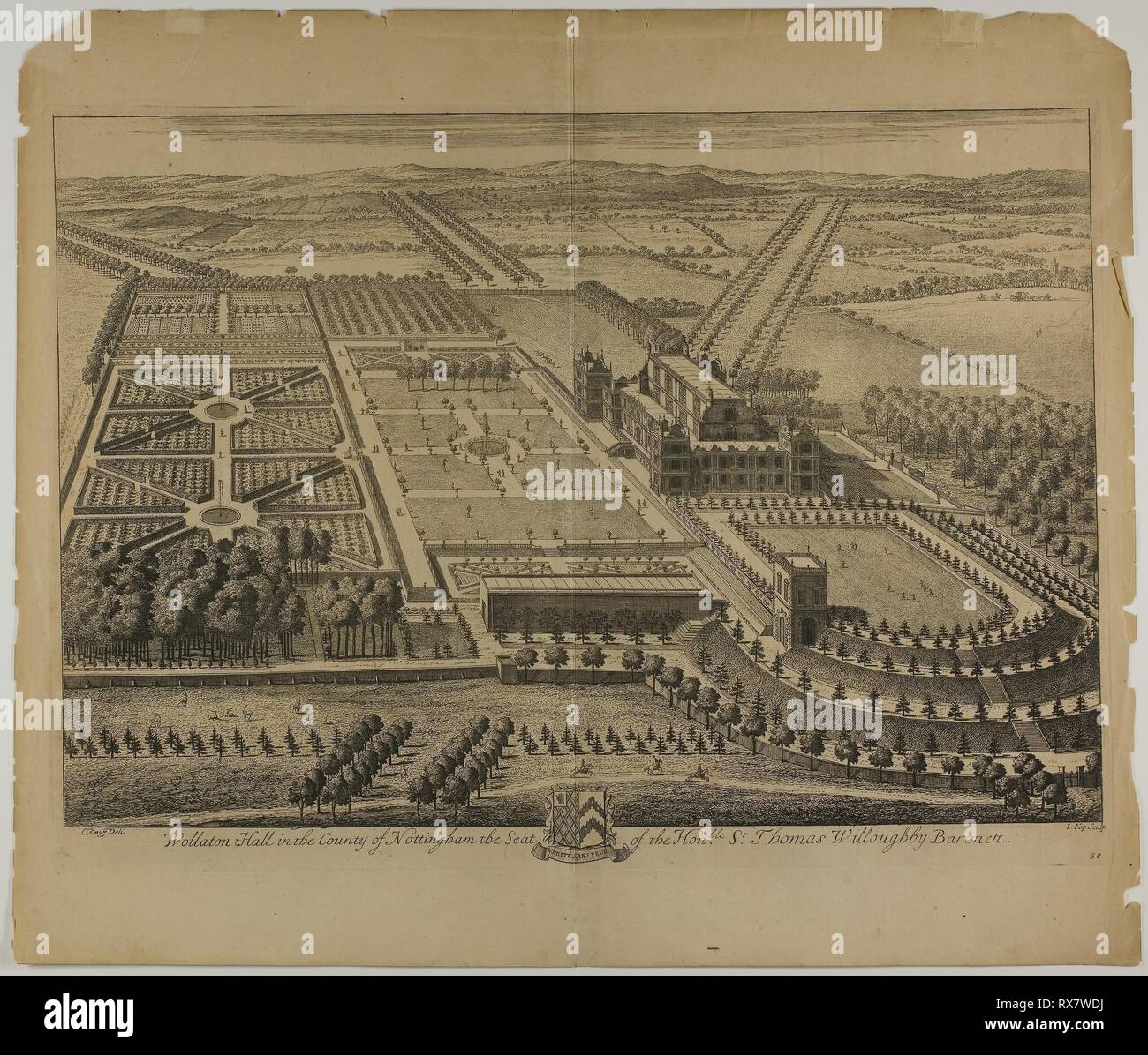 Wollaton Hall dans le comté de Nottingham, la plaque 68 Britannia Illustrata. Jan Kip (Néerlandais), ch. 1653-1722) ; après Leonard Knyff (Néerlandais, 1650-1721) ; publié par David Mortier (Français, 1673-1728). Date : 1707. Dimensions : 326 x 474 mm (image) ; 352 x 483 mm (plaque) ; 439 x 514 mm (feuille). L'eau-forte, avec la gravure, en noir sur papier vergé crème. Origine : Pays-Bas. Musée : le Chicago Art Institute. Auteur : Johannes Kip. Banque D'Images