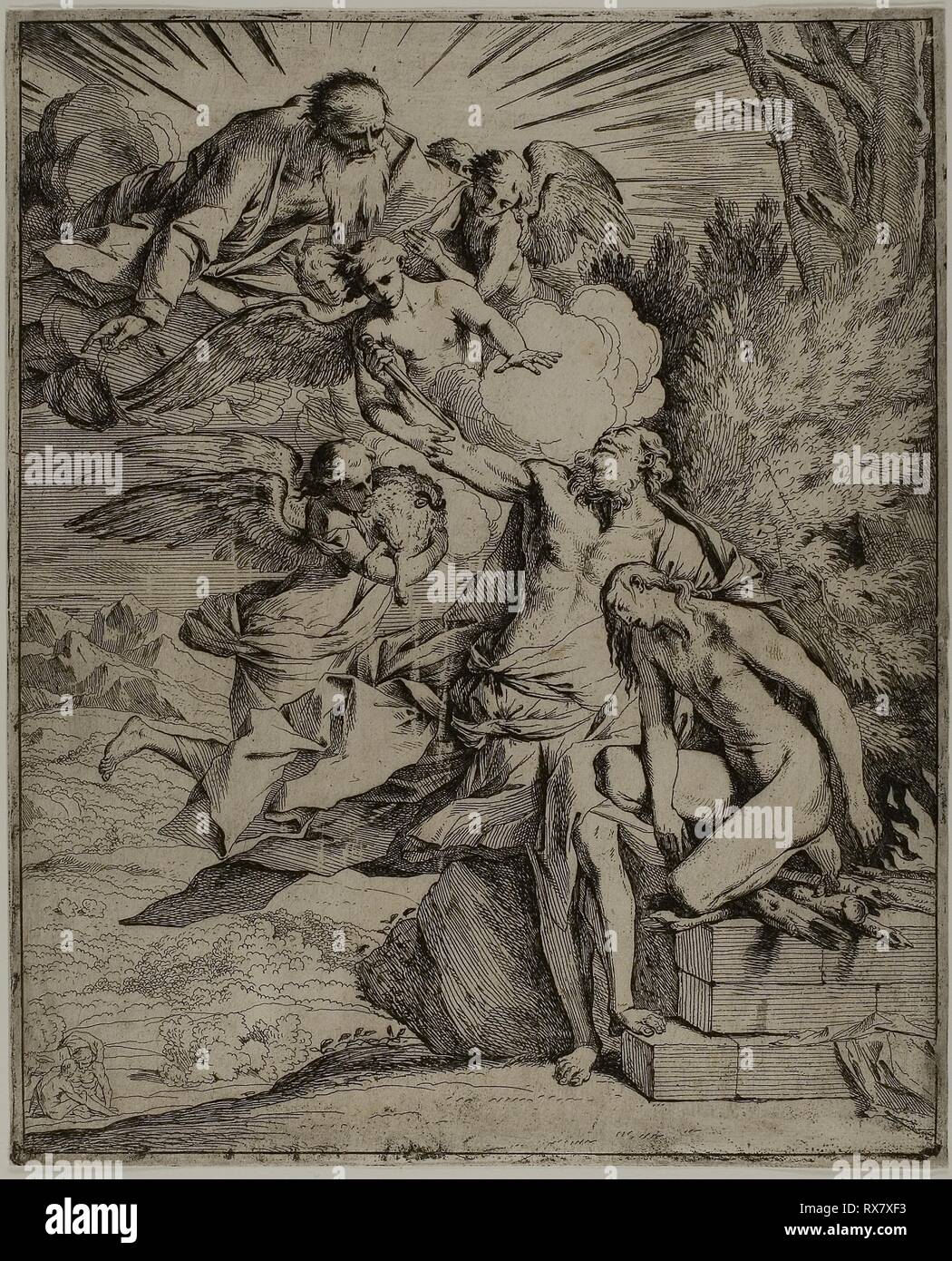 Le sacrifice d'Isaac. Pietro Testa ; italien, 1611/12-1650. Date : 1640-1642. Dimensions : 295 x 239 mm. Gravure sur papier vergé ivoire. Origine : Italie. Musée : le Chicago Art Institute. Banque D'Images