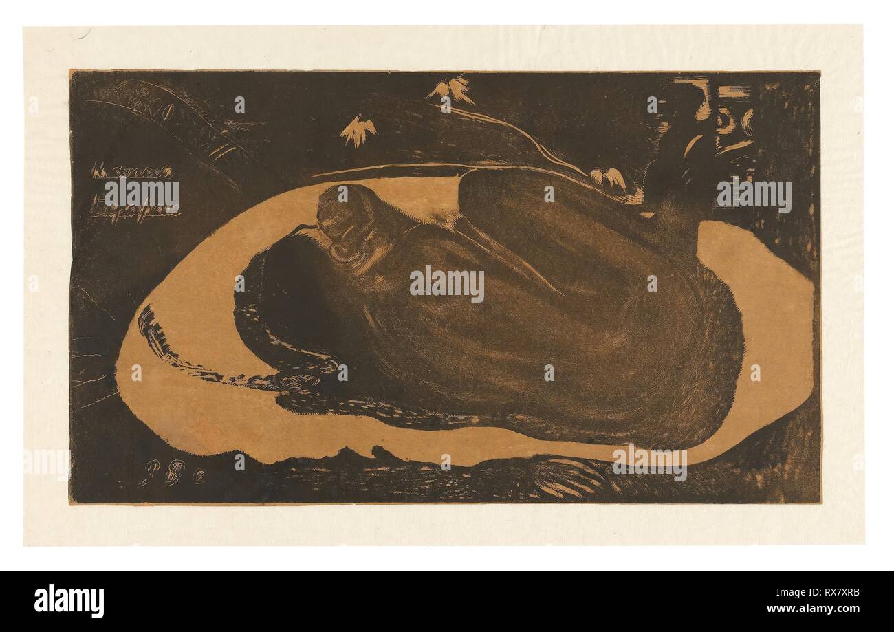 Manau tupapau (elle pense à l'ombre ou le fantôme pense à sa), à partir de la suite Noa Noa. Paul Gauguin ; français, 1848-1903. Date : 1893-1894. Dimensions : 204 × 356 mm (image) ; 207 × 357 mm (feuille). Wood-block print, imprimé deux fois en brun et noir, avec des encres, et d'un essuyage sélective sergé transférés, impression sur papier vélin rose pâle à brun (décoloré). Origine : France. Musée : le Chicago Art Institute. Banque D'Images