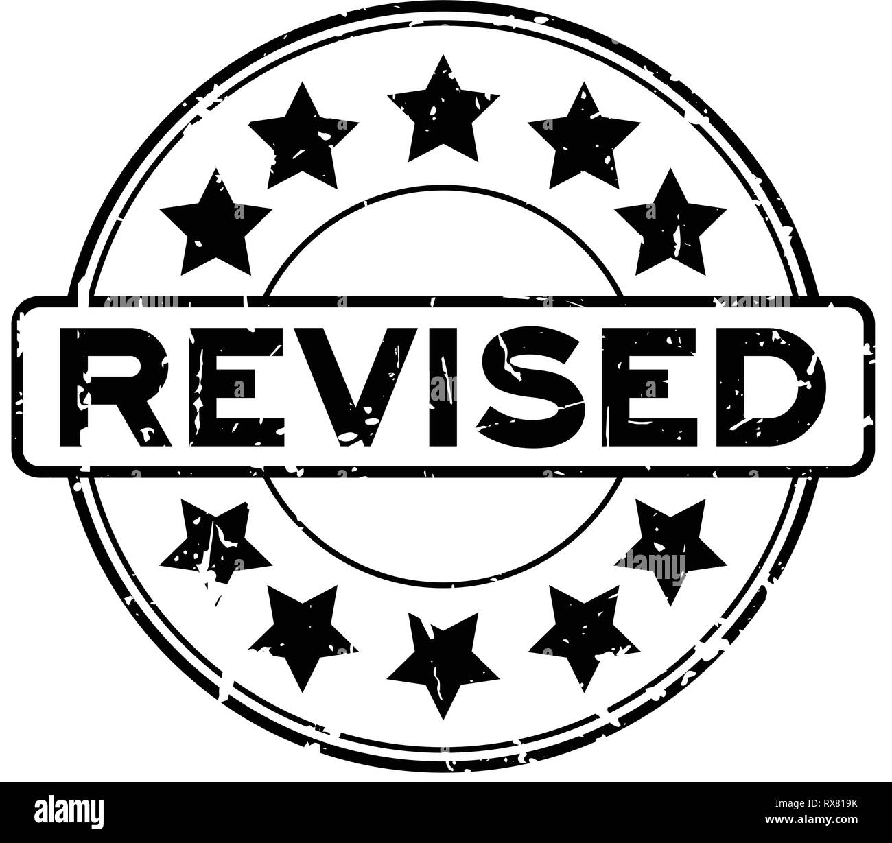 Grunge black libellé révisé avec l'icône d'étoile joint en caoutchouc rond tampon sur fond blanc Illustration de Vecteur