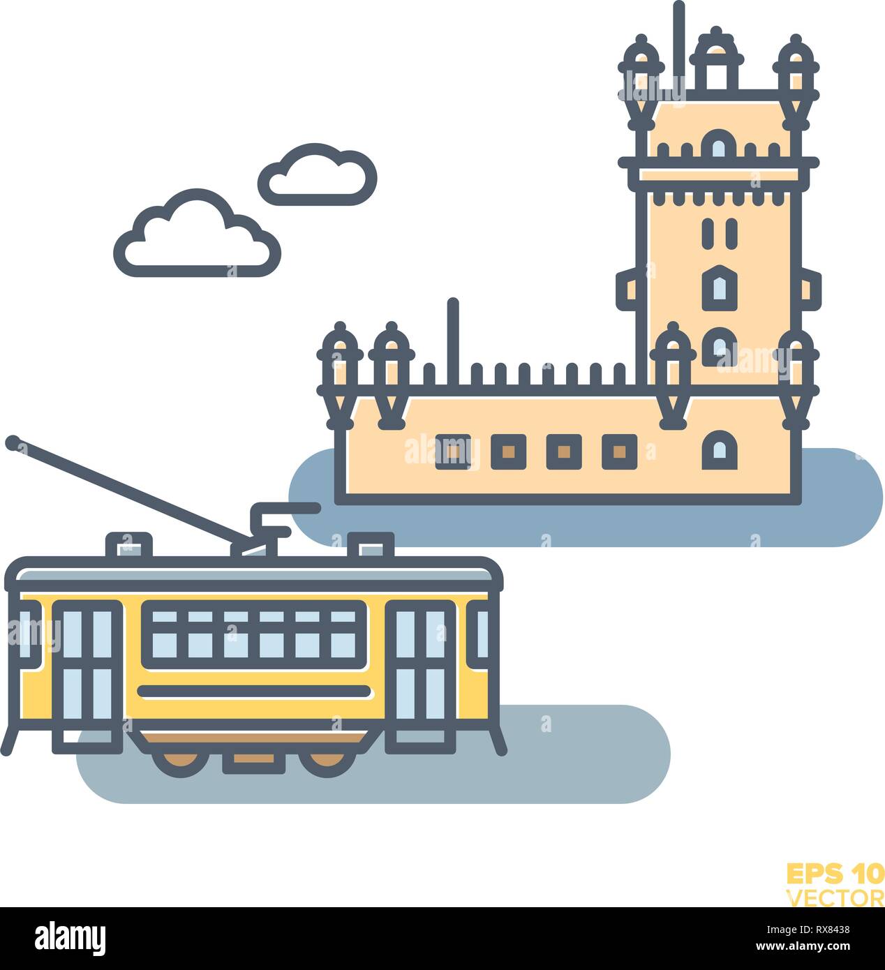 Tramway jaune vintage et Tour de Belém à Lisbonne l'icône de la ligne rempli vector illustration Illustration de Vecteur