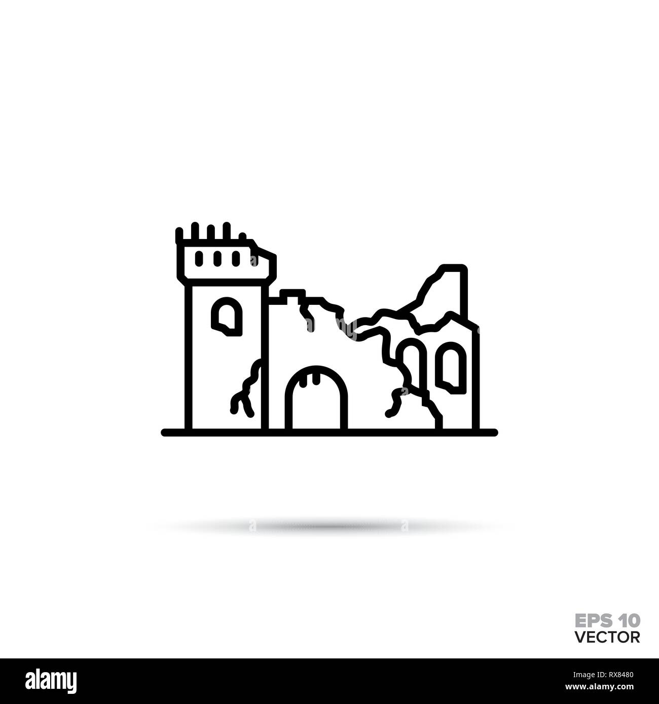 Château ruiné de fantaisie sur l'icône de la ligne de télévision. Ruines de la forteresse de conte de fées illustration vectorielle. Illustration de Vecteur