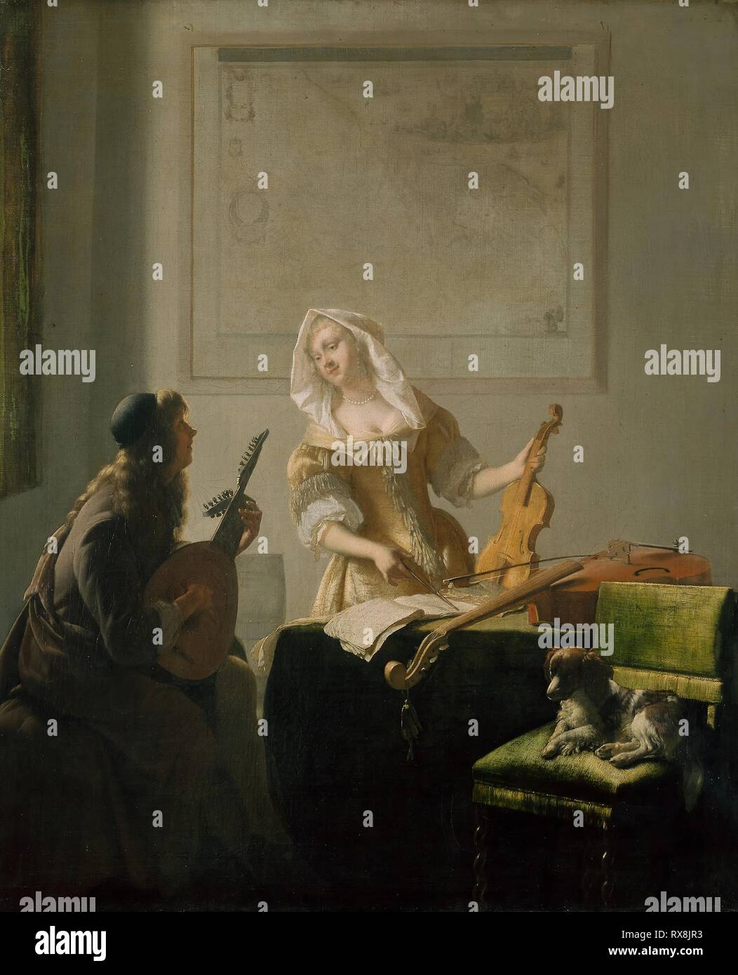 La Leçon de Musique. Jacob Ochtervelt ; Dutch, 1634-1682. Date : 1671. Dimensions : 80,2 × 65,5 × 25 cm (31 3/16 po.). Huile sur toile. Origine : Pays-Bas. Musée : le Chicago Art Institute. Banque D'Images