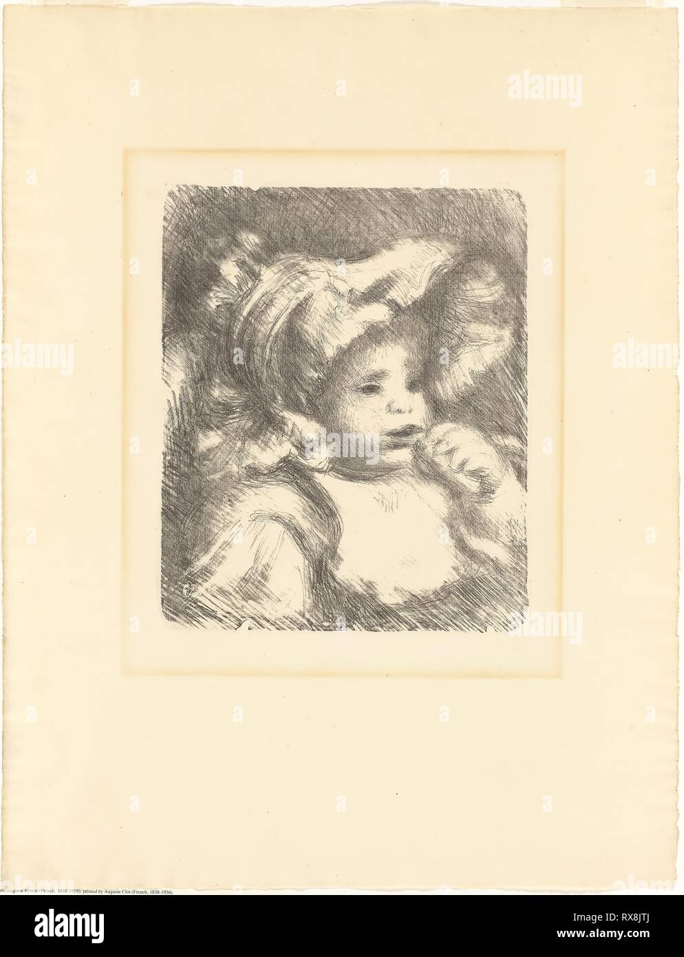 Enfant avec un biscuit (Jean Renoir). Pierre Auguste Renoir (Français, 1841-1919) ; imprimé par Auguste Clot (Français, 1858-1936). Date : 1898-1899. Dimensions : 317 × 260 mm (image) ; 375 × 313 mm (feuille, vue). Lithographie en noir sur papier vergé crème. Origine : France. Musée : le Chicago Art Institute. Banque D'Images