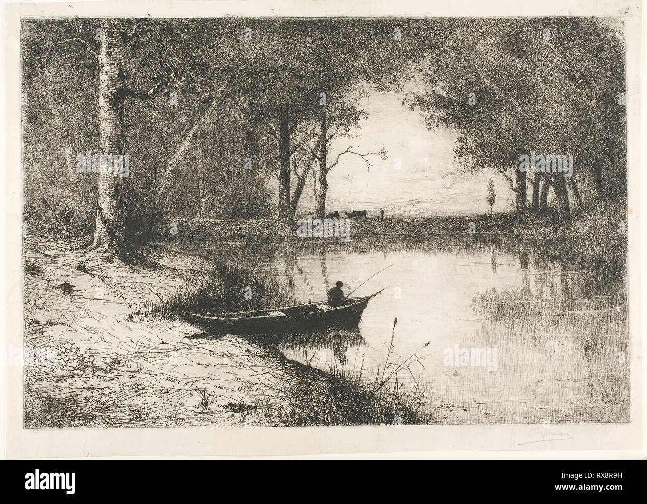 Pêcheur dans un bateau au bord du fleuve. Adolphe Appian ; français, 1818-1898. Date : 1887. Dimensions : 315 × 463 mm (image) ; 346 × 485 mm (feuille). Avec l'impression gravure monotype à l'encre noire sur papier vergé ivoire. Origine : France. Musée : le Chicago Art Institute. Banque D'Images