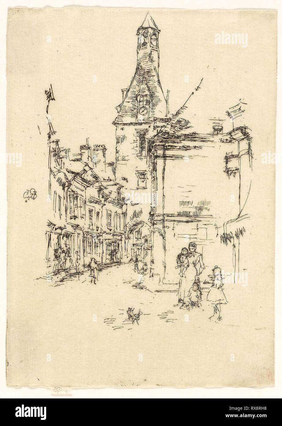 La tour de l'horloge - Amboise. James McNeill Whistler ; American, 1834-1903. Date : 1888. Dimensions : 175 x 125 mm (image, parés à l'intérieur d'une plaque marque) ; 179 x 125 mm (feuille). Pointe sèche avec foul de mordre sur la crème du papier japonais. Origine : Etats Unis. Musée : le Chicago Art Institute. Banque D'Images