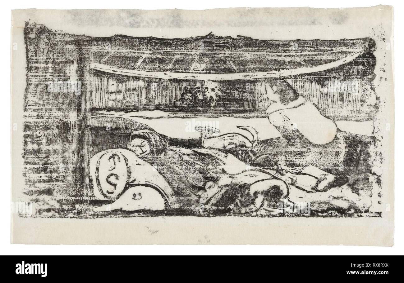 Intérieur d'une cabane de Tahiti, de la suite de la fin de Wood-Block s'imprime. Paul Gauguin ; français, 1848-1903. Date : 1898-1899. Dimensions : 115 × 210 mm (image) ; 140 × 222 mm (feuille). Wood-block imprimer en noir sur papier Japon d'ivoire mince. Origine : France. Musée : le Chicago Art Institute. Banque D'Images