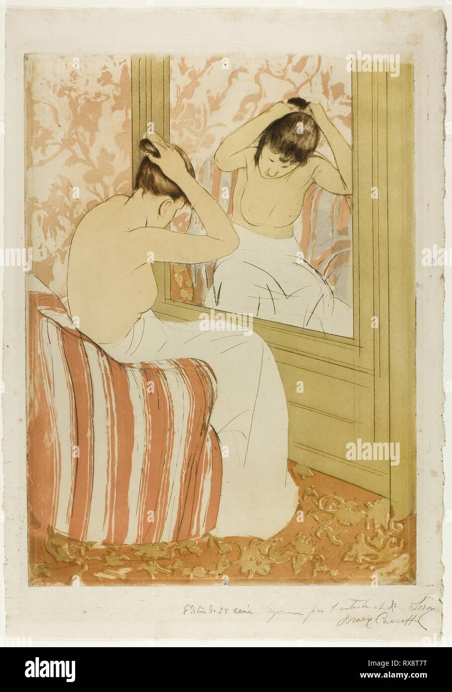 La coiffure. Mary Cassatt (Américain, 1844-1926) ; imprimé avec Leroy (Français, 1876-1900) active. Date : 1890-1891. Dimensions : 364 x 267 mm (image/plaque) ; 433 x 330 mm (feuille). L'aquatinte Couleur avec trois plaques de la pointe sèche sur papier vergé ivoire. Origine : Etats Unis. Musée : le Chicago Art Institute. Banque D'Images