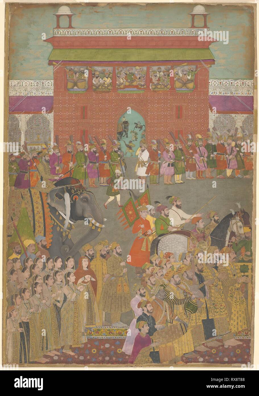 Une scène de Procession avec des musiciens, de l'exemplaire de l'Padshanama. L'Inde. Date : 1625-1675. Dimensions : Image : 38 x 25,9 cm (15 x 10 1/4 in.) ; papier : 38,5 x 26,6 cm (15 1/4 x 10 1/2 in.). Aquarelle opaque et d'or sur papier. Origine : Inde. Musée : le Chicago Art Institute. Auteur : Mughal. Banque D'Images