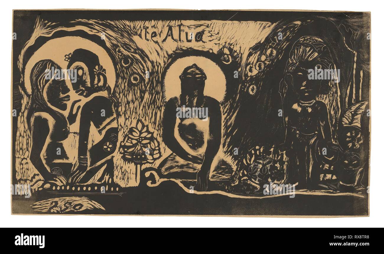 Te Atua (le Dieu), à partir de la suite Noa Noa. Paul Gauguin ; français, 1848-1903. Date : 1893-1894. Dimensions : 203 × 354 mm (image) ; 207 × 358 mm (feuille). Wood-block print dans l'encre noire sur papier vélin beige. Origine : France. Musée : le Chicago Art Institute. Banque D'Images