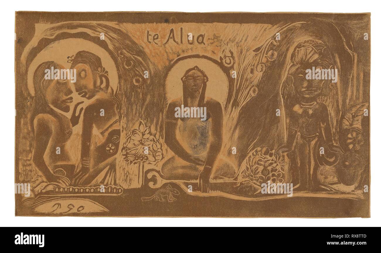 Te Atua (le Dieu), à partir de la suite Noa Noa. Paul Gauguin ; français, 1848-1903. Date : 1893-1894. Dimensions : 204 × 355 mm (image) ; 207 × 357 mm (feuille). Wood-block print, imprimé deux fois dans les encres orange et brun, plus de résidus de l'encre noire, avec des touches de l'essuyage et l'encre noire appliqués à la main, sur une fine couche, papier vélin rose pâle à brun (décoloré). Origine : France. Musée : le Chicago Art Institute. Banque D'Images