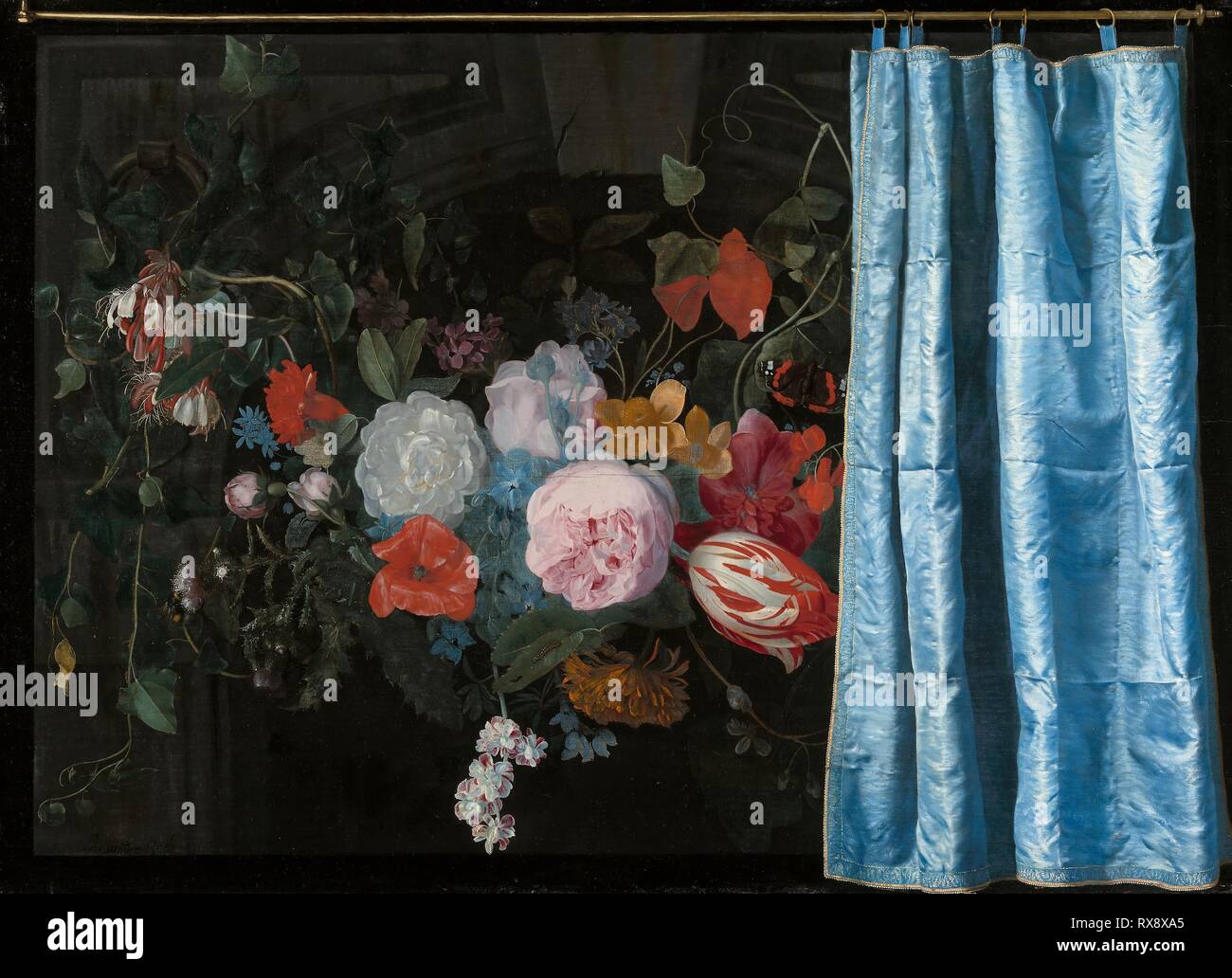 En trompe-l'Oeil Nature morte avec une guirlande de fleurs et un rideau. Adriaen van der Spelt (Néerlandais, 1630-1673) ; Frans van Mieris (Néerlandais, 1635-1681). Date : 1658. Dimensions : 18 1/4 x 25 1/8 in. (46,5 × 63,9 cm). Huile sur panneau. Origine : Pays-Bas. Musée : le Chicago Art Institute. Auteur : Adriaen VAN DER l'épeautre. FRANS VAN MIERIS DER ÄLTERE. Banque D'Images