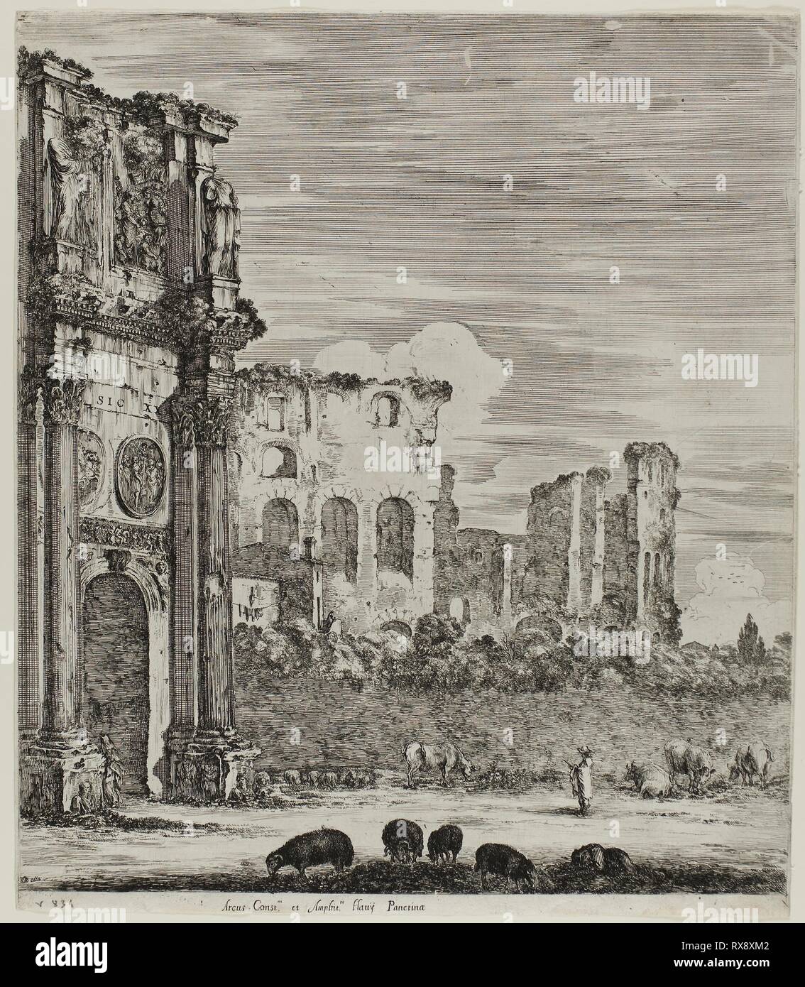 L'Arc de Constantin. Stefano della Bella, italien, 1610-1664. Date : 1654. Dimensions : 310 x 260 mm (image) ; 311 x 270 mm (feuille). Gravure sur papier vergé ivoire. Origine : Italie. Musée : le Chicago Art Institute. Banque D'Images