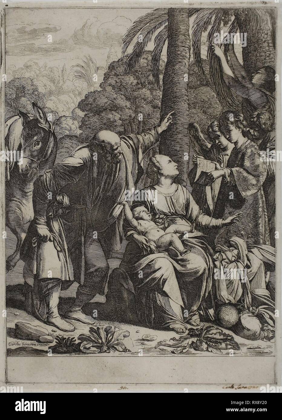 Repos pendant la fuite en Égypte. Jean Le Clerc (Français, 1585/87-1633) ; après Carlo Saraceni (Italien, c.1579-1620). Date : 1620-1630. Dimensions : 318 × 229 mm (plaque) ; 324 × 237 mm (feuille). Gravure sur papier vergé crème. Origine : France. Musée : le Chicago Art Institute. Banque D'Images
