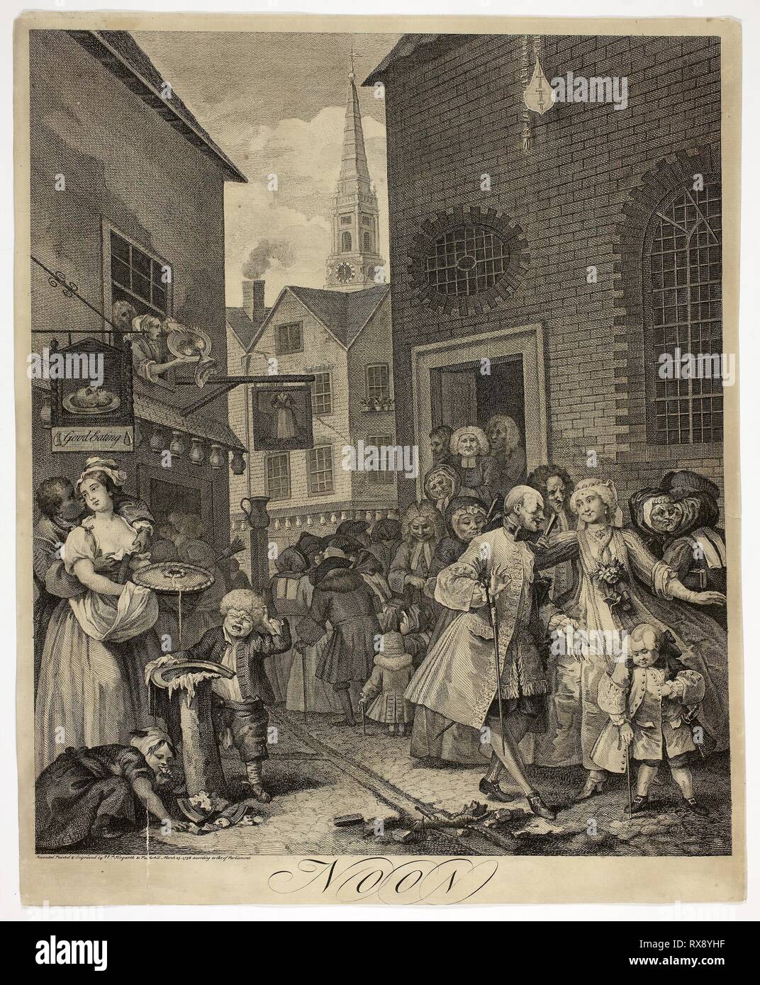 Midi, la plaque deux des quatre moments de la journée. William Hogarth ; anglais, 1697-1764. Date : 1738. Dimensions : 451 × 381 mm (image) ; 485 × 398 mm (plaque/feuille). La gravure en noir sur papier vergé crème. Origine : Angleterre. Musée : le Chicago Art Institute. Banque D'Images