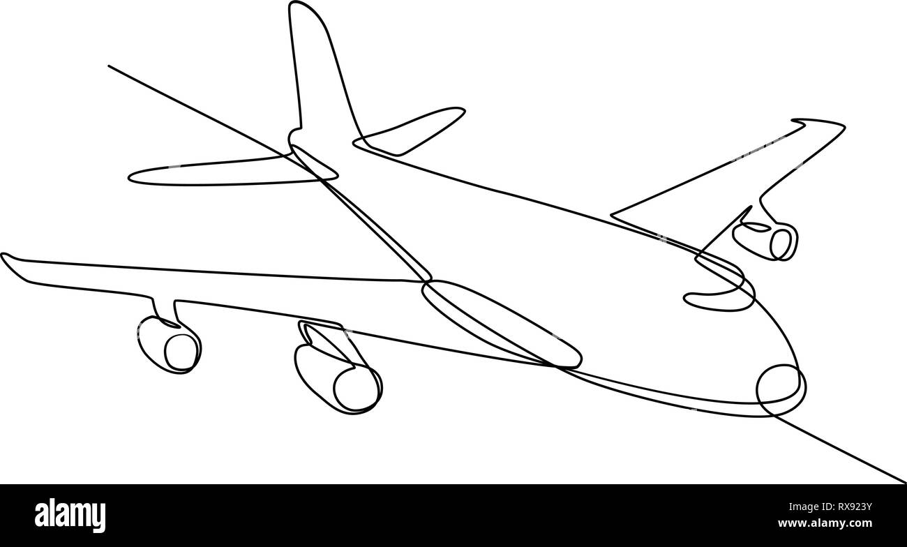 Ligne continue illustration de jumbo jet avion de passagers ou de vol d'un avion en plein vol dans l'air en noir et blanc style monolines Illustration de Vecteur Ligne continue illustration de jumbo jet avion de passagers ou de vol d'un avion en plein vol dans l'air en noir et blanc style monolines Illustration de Vecteur