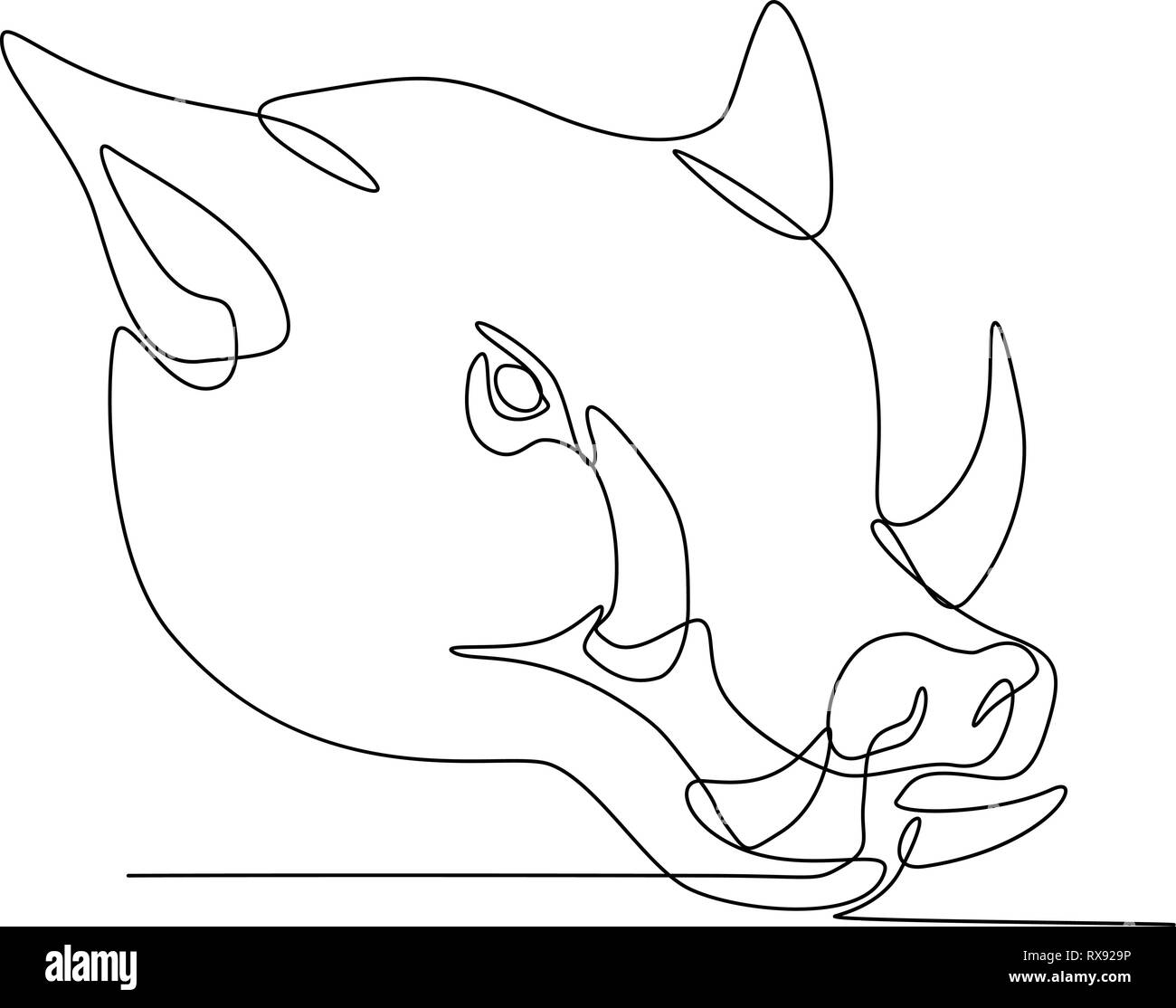 Ligne continue illustration d'un cochon sauvage, de porc, de sanglier ou razorback chef vu de côté en noir et blanc de style de produit unique. Illustration de Vecteur