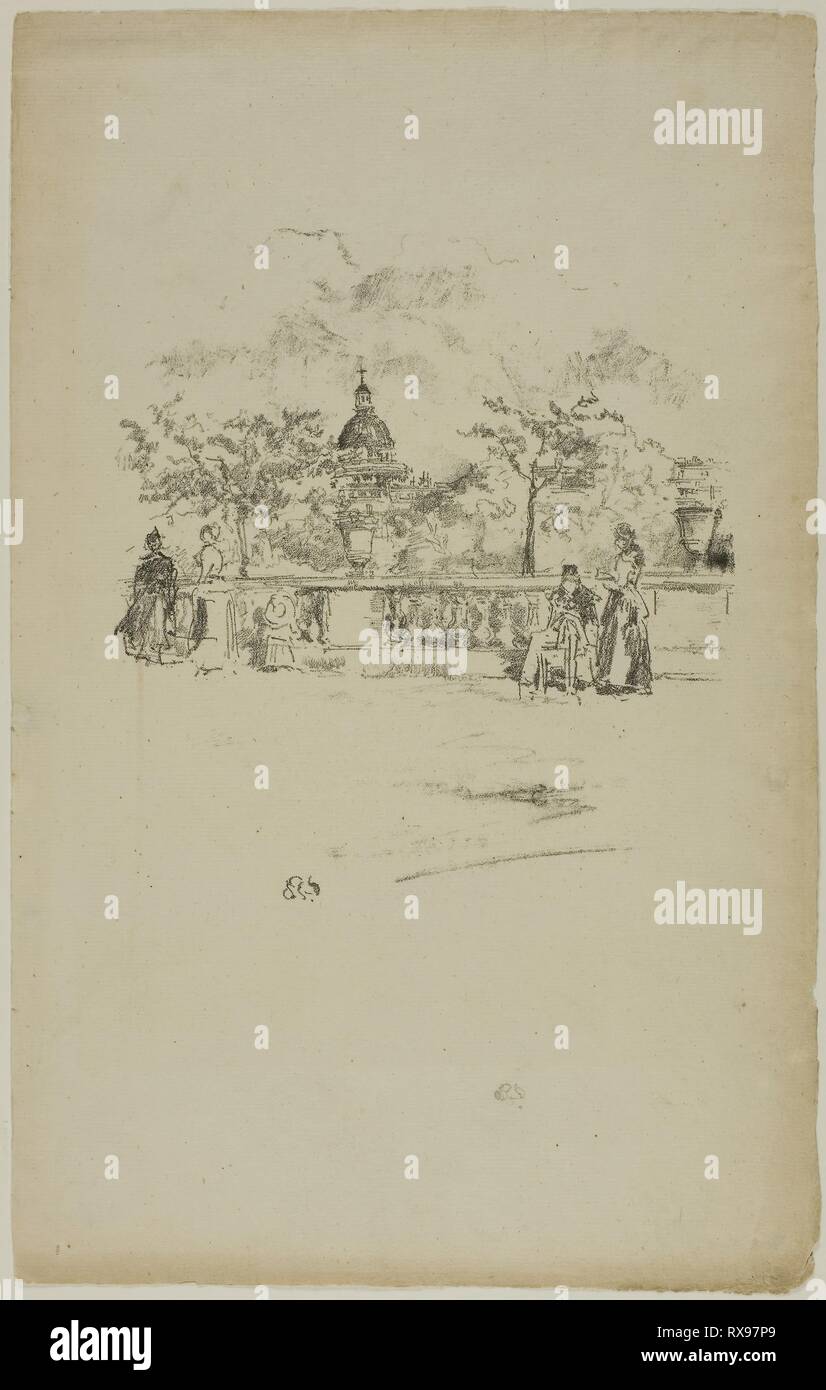 Le Panthéon, à partir de la terrasse du jardin du Luxembourg. James McNeill Whistler ; American, 1834-1903. Date : 1892-1893. Dimensions : 182 x 160 mm (image) ; 331 x 210 mm (feuille). Lithographie de transfert en noir avec dessouchage, sur papier vergé crème. Origine : Etats Unis. Musée : le Chicago Art Institute. Banque D'Images
