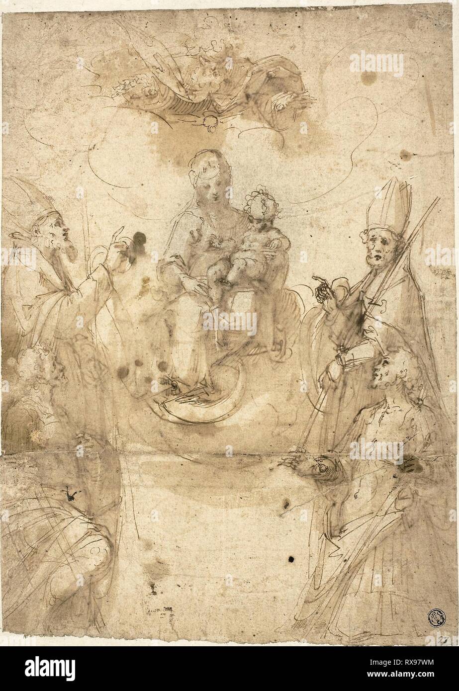 Vierge à l'Enfant avec saints adoration. Guglielmo Caccia, dit Il Moncalvo (Italien), ch. 1568-c. 1625) ; éventuellement Giuseppe Antonio Caccioli (italien, 1672-1740) ; éventuellement Francesco Vanni (italien, 1563-1610). Date : 1500-1599. Dimensions : 354 x 252 mm. Plume et encre brune avec pinceau et lavis, éventuellement avec des traces de graphite, sur papier vergé ivoire, fixées sur papier vergé ivoire. Origine : Italie. Musée : le Chicago Art Institute. Banque D'Images