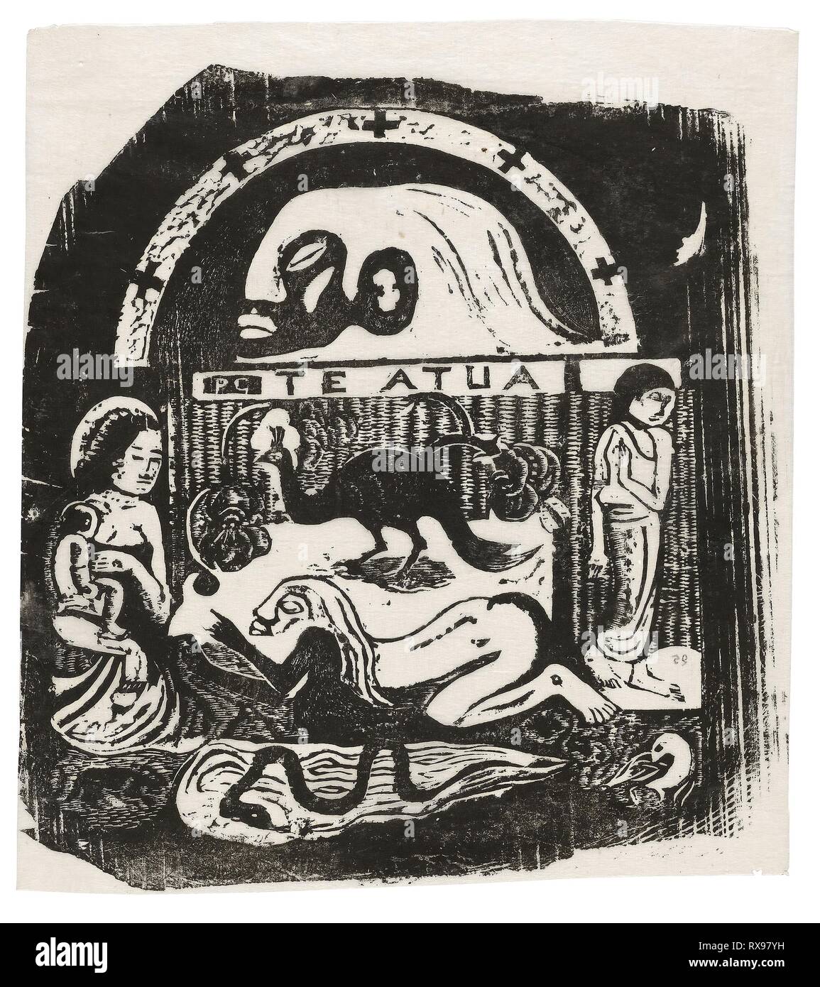 Te Atua (le Dieu), de la suite de la fin de Wood-Block s'imprime. Paul Gauguin ; français, 1848-1903. Date : 1898-1899. Dimensions : 242 × 226 mm (image) ; 255 × 226 mm (feuille). Wood-block imprimer en noir sur papier Japon mince mis en ivoire. Origine : France. Musée : le Chicago Art Institute. Banque D'Images