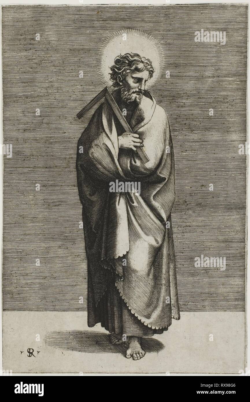 Saint Thomas. Marco Dente da Ravenna (Italien, actif 1515-1527) ; après Raffaello Sanzio, appelé Raphael (italien, 1483-1520). Date : 1515-1528. Dimensions : 212 x 142 mm (support principal) ; 441 x 282 mm (support secondaire). La gravure, sur papier vergé ivoire. Origine : Italie. Musée : le Chicago Art Institute. Banque D'Images