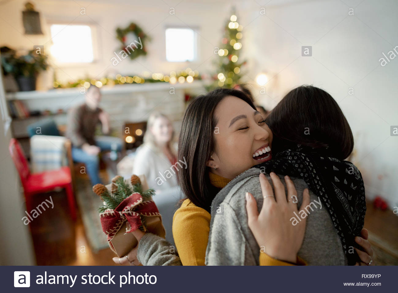 Message d'ami Happy young woman with christmas gift Banque D'Images