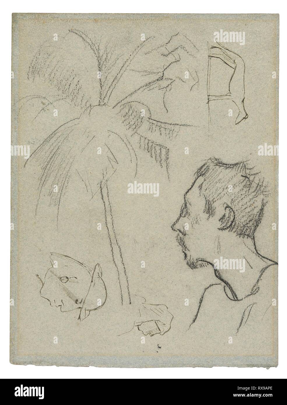 Croquis de figures et de feuillages (recto) ; profil de Charles Laval avec palmier et autres esquisses (verso). Paul Gauguin ; français, 1848-1903. Date : 1887. Dimensions : 269 × 204 mm. Fabriqué avec de la craie noire, aquarelle sur papier vélin bleu tacheté avec fibres bleu, modifiés à gris clair (recto) ; noir fabrication de craie, à la plume et encre brune, sur papier vélin bleu tacheté avec fibres bleu, gris-bleu à l'altération (verso) (extrait d'un carnet). Origine : France. Musée : le Chicago Art Institute. Banque D'Images