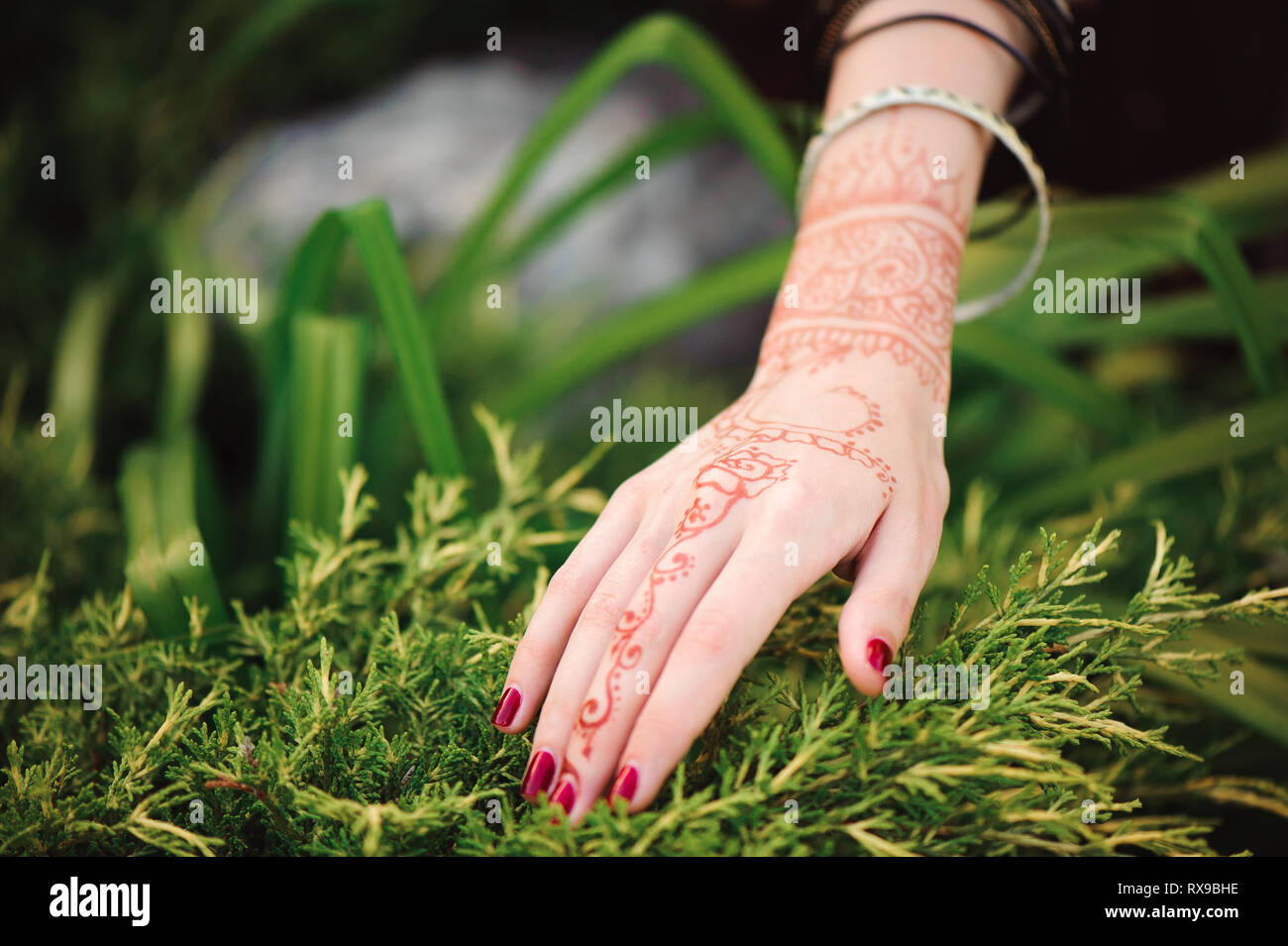 La main de femme tatouage mehndi noir. Mains de fille mariée indienne avec des tatouages au henné noir. La mode. L'Inde Banque D'Images