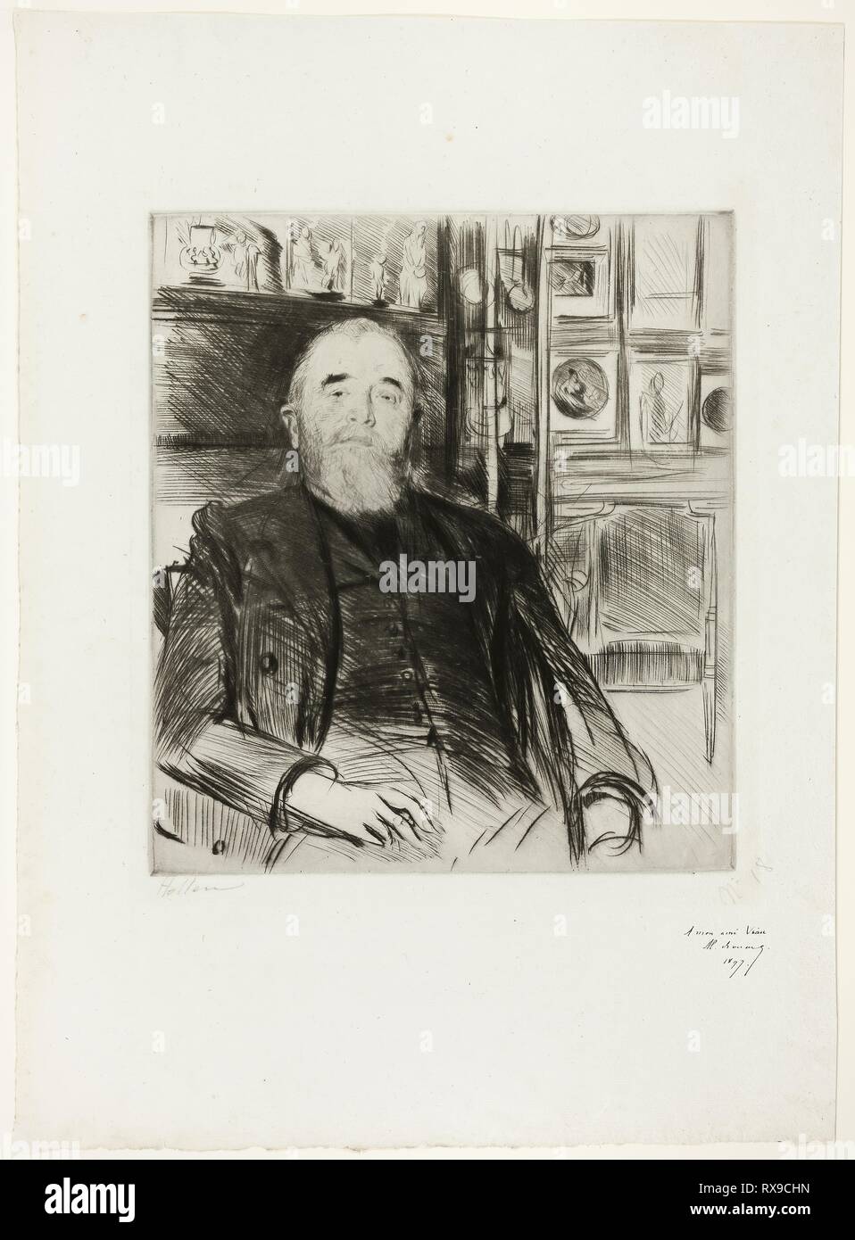 Portrait d'Alexis Rouart. Paul-César Helleu ; français, 1859-1927. Date : 1897. Dimensions : 336 × 298 mm (image/plaque) ; 575 × 415 mm (feuille). Pointe sèche avec gravure en noir sur papier vergé crème. Origine : France. Musée : le Chicago Art Institute. Banque D'Images