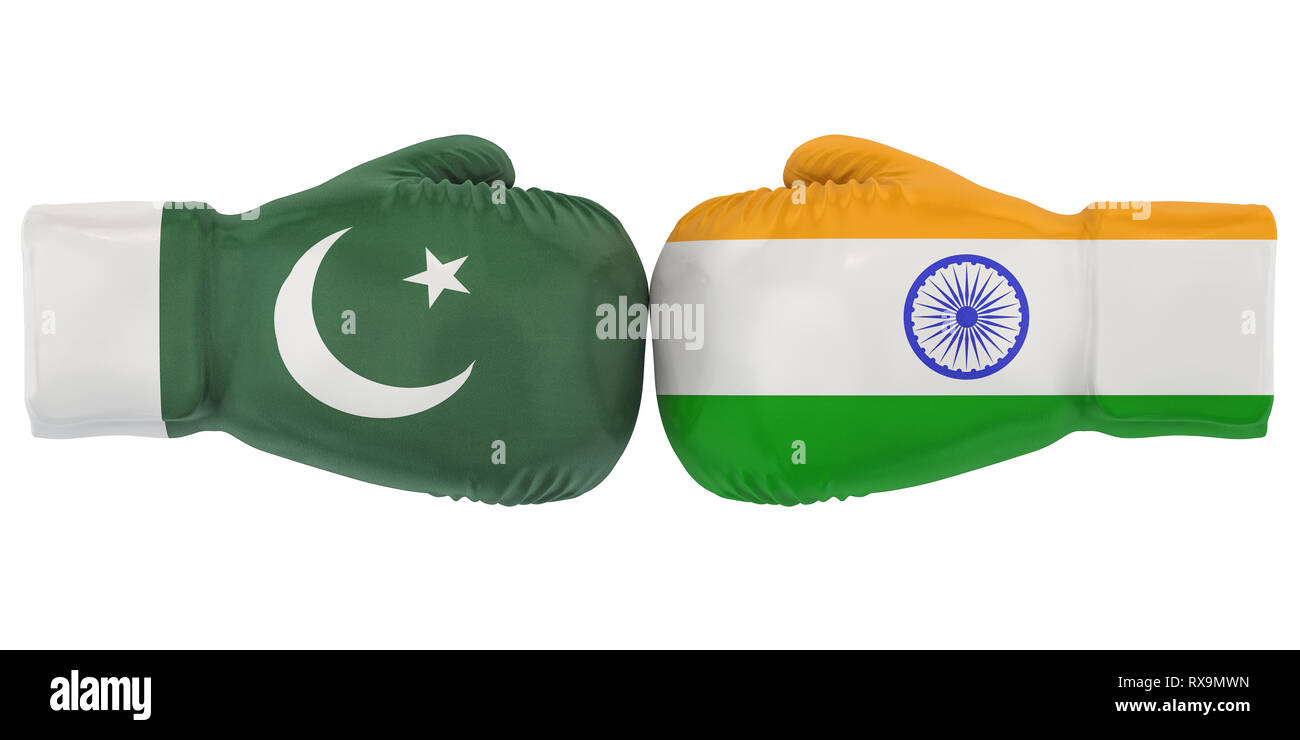 Gants de boxe avec l'Inde et le Pakistan drapeaux. Les conflits politiques ou de guerre, rendu 3D concept Banque D'Images