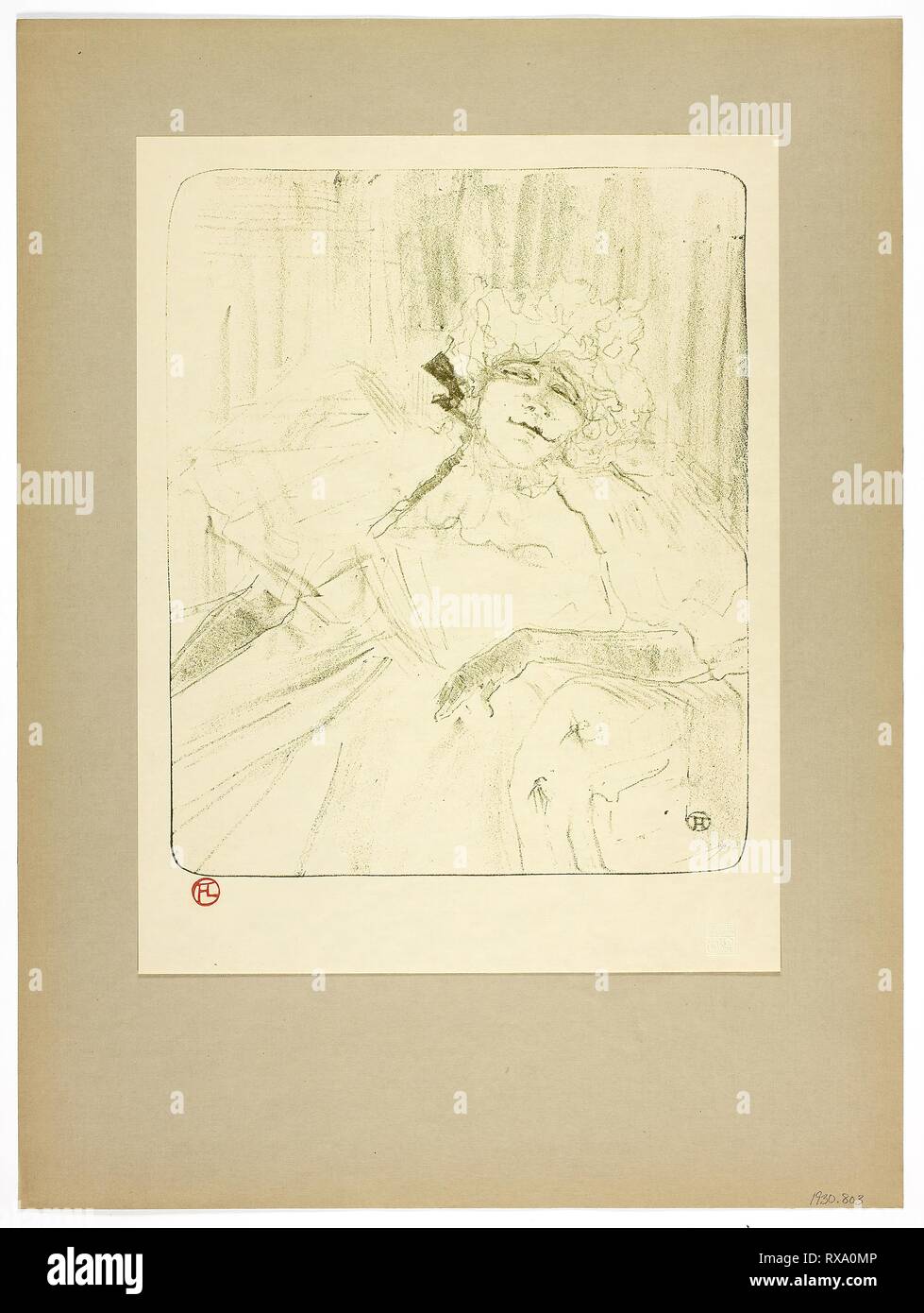 Une vieille chanson, cinq à partir de la plaque d'Yvette Guilbert. Henri de Toulouse-Lautrec (Français, 1864-1901) ; imprimé par Westminster Press (Anglais, 20e siècle) ; publié par le Ernest Brown &AMP ; Phillips (anglais, 20ème siècle). Date : 1898. Dimensions : 295 × 242 mm (image) ; 349 × 268 mm (support principal) ; 497 × 371 mm (support secondaire). Lithographie (crayon avec grattoir) en vert-olive sur vélin crème à charnière aux coins supérieurs à brun-gris papier vélin. Origine : France. Musée : le Chicago Art Institute. Banque D'Images