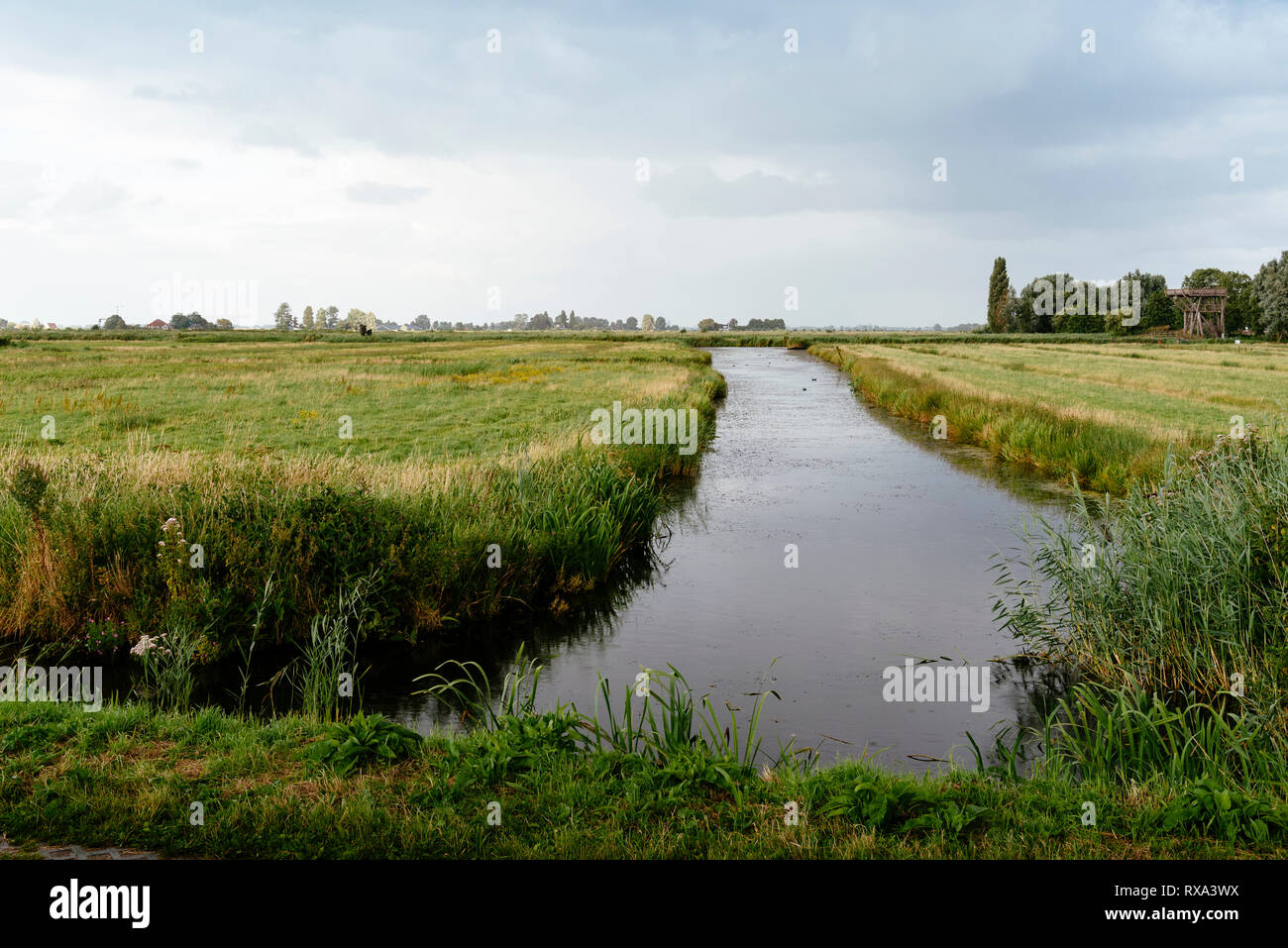 Vue panoramique de canal au milieu du paysage herbeux contre le ciel au coucher du soleil Banque D'Images