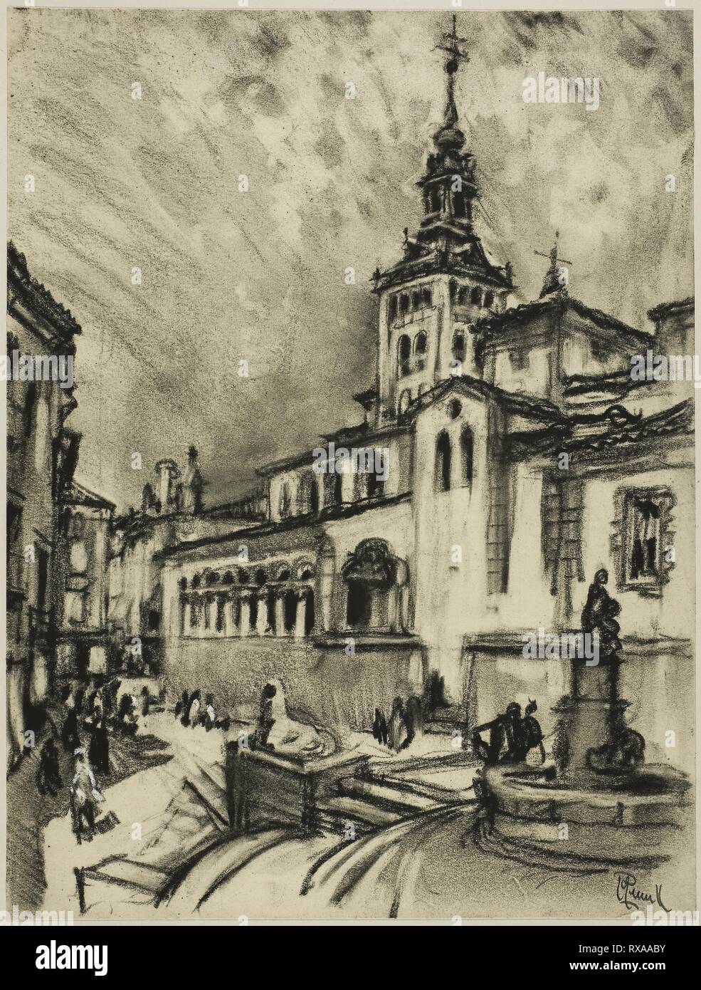 San Martín, Ségovie. Joseph Pennell ; American, 1857-1926. Date : 1903. Dimensions : 256 x 193 mm. Charbon de bois huilé avec dessouchage et effacement, rehaussée de touches de blanc craie, sur vélin crème, périmètre monté sur off-white pâte de bois laminé. Origine : Etats Unis. Musée : le Chicago Art Institute. Banque D'Images