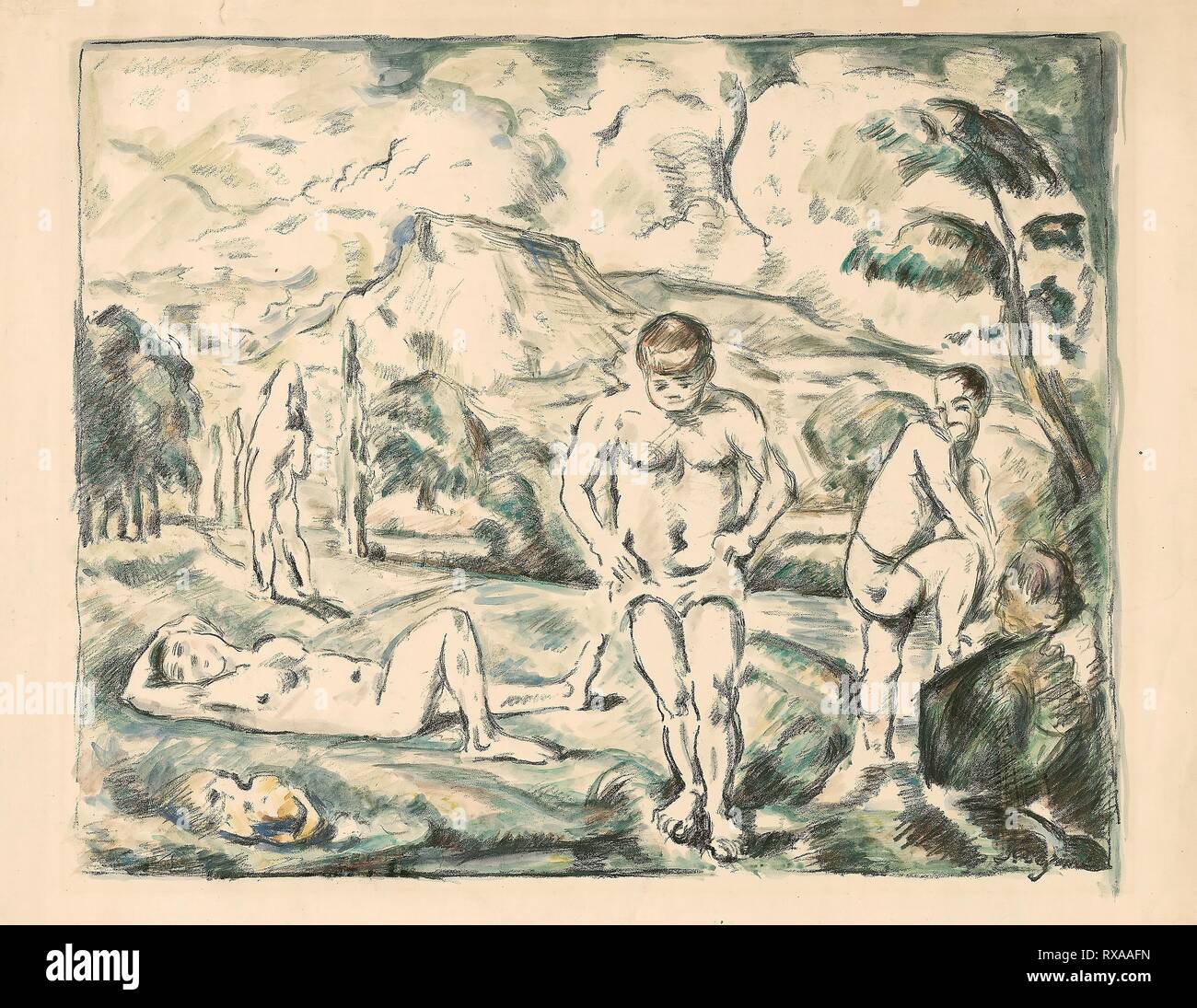 Les grandes baigneuses. Paul Cézanne (Français, 1839-1906) ; imprimé par Auguste Clot (Français, 1858-1936). Date : 1896-1898. Dimensions : 415 × 510 mm (image) ; 464 × 603 mm (feuille). Lithographie couleur coloration à la main sur vélin crème. Origine : France. Musée : le Chicago Art Institute. Banque D'Images
