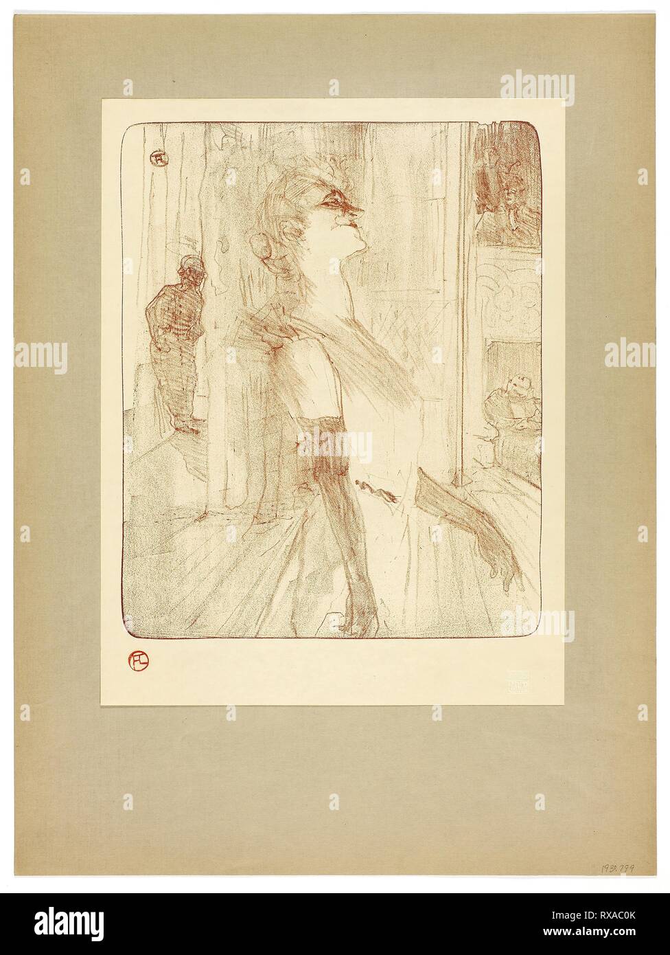 Sur la scène, une plaque d'Yvette Guilbert. Henri de Toulouse-Lautrec (Français, 1864-1901) ; imprimé par Westminster Press (Anglais, 20e siècle) ; publié par le Ernest Brown &AMP ; Phillips (anglais, 20ème siècle). Date : 1898. Dimensions : 298 × 242 mm (image) ; 350 × 267 mm (support principal) ; 497 × 371 mm (support secondaire). Lithographie (crayon avec grattoir) à la sanguine (rouge-brun) sur vélin crème à charnière aux coins supérieurs à brun-gris papier vélin. Origine : France. Musée : le Chicago Art Institute. Banque D'Images