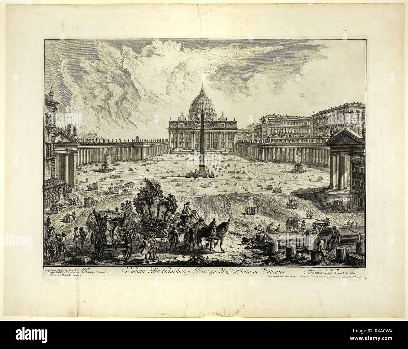 Vue de la Basilique Saint Pierre et de la place du Vatican, à partir des vues de Rome. Giovanni Battista Piranesi, italien, 1720-1778. Date : 1748. Dimensions : 380 x 536 mm (image) ; 404 x 543 mm (plaque) ; 522 x 665 mm (feuille). Gravure sur papier vergé ivoire lourd. Origine : Italie. Musée : le Chicago Art Institute. Banque D'Images