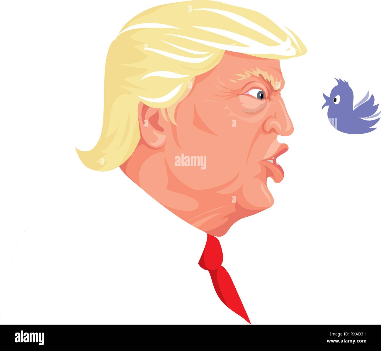 Un vecteur illustration d'un portrait du président Donald Trump se disputer avec un oiseau Twitter Illustration de Vecteur