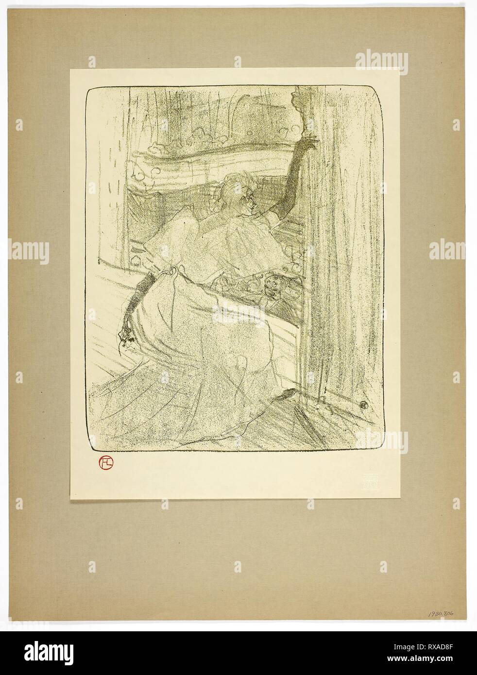 En tenant un arc, la plaque 8 d'Yvette Guilbert. Henri de Toulouse-Lautrec (Français, 1864-1901) ; imprimé par Westminster Press (Anglais, 20e siècle) ; publié par le Ernest Brown &AMP ; Phillips (anglais, 20ème siècle). Date : 1898. Dimensions : 296 × 242 mm (image) ; 350 × 267 mm (support principal) ; 497 × 371 mm (support secondaire). Lithographie (crayon avec grattoir) en vert-olive sur vélin crème à charnière aux coins supérieurs à brun-gris papier vélin. Origine : France. Musée : le Chicago Art Institute. Banque D'Images
