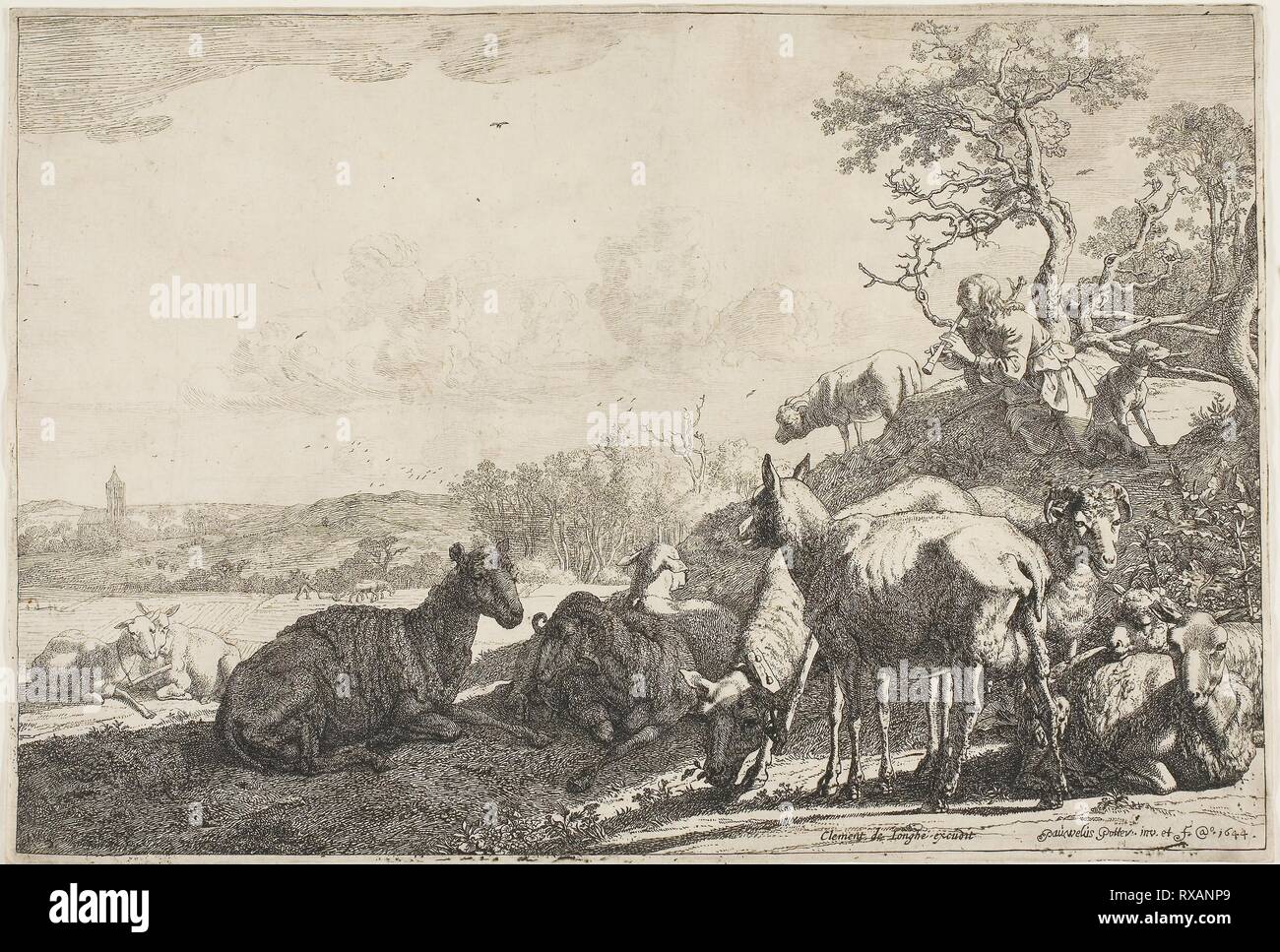 Le Berger. Paulus Potter ; Dutch, 1625-1654. Date : 1639-1649. Dimensions : 181 x 268 mm. Gravure sur papier vergé ivoire. Origine : Pays-Bas. Musée : le Chicago Art Institute. Banque D'Images