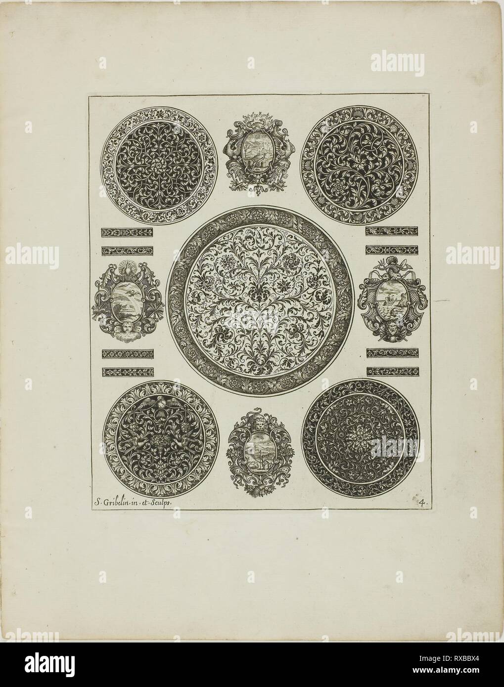 Plaque Quatre, du livre de l'ornement. Simon Gribelin II ; français, 1661-1733. Date : 1704. Dimensions : 194 × 158 mm (image/plaque) ; 296 × 232 mm (feuille). Gravure sur papier. Origine : France. Musée : le Chicago Art Institute. Banque D'Images