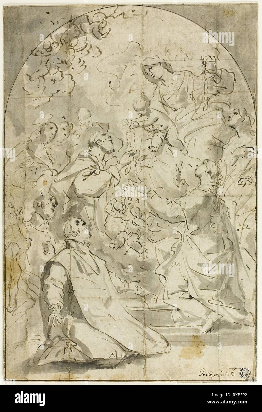 Vision de Saint Dominique. Attribué à Luca Giordano (italien, 1632-1705) ; éventuellement Francesco Fontebasso (italien, 1689-1767). Date : 1652-1705. Dimensions : 348 x 234 mm. Plume et encre brune avec brosse de lavage et gris, avec des traces de craie noire, carré dans la craie noire sur papier vergé ivoire, fixées sur papier vergé ivoire. Origine : Italie. Musée : le Chicago Art Institute. Banque D'Images