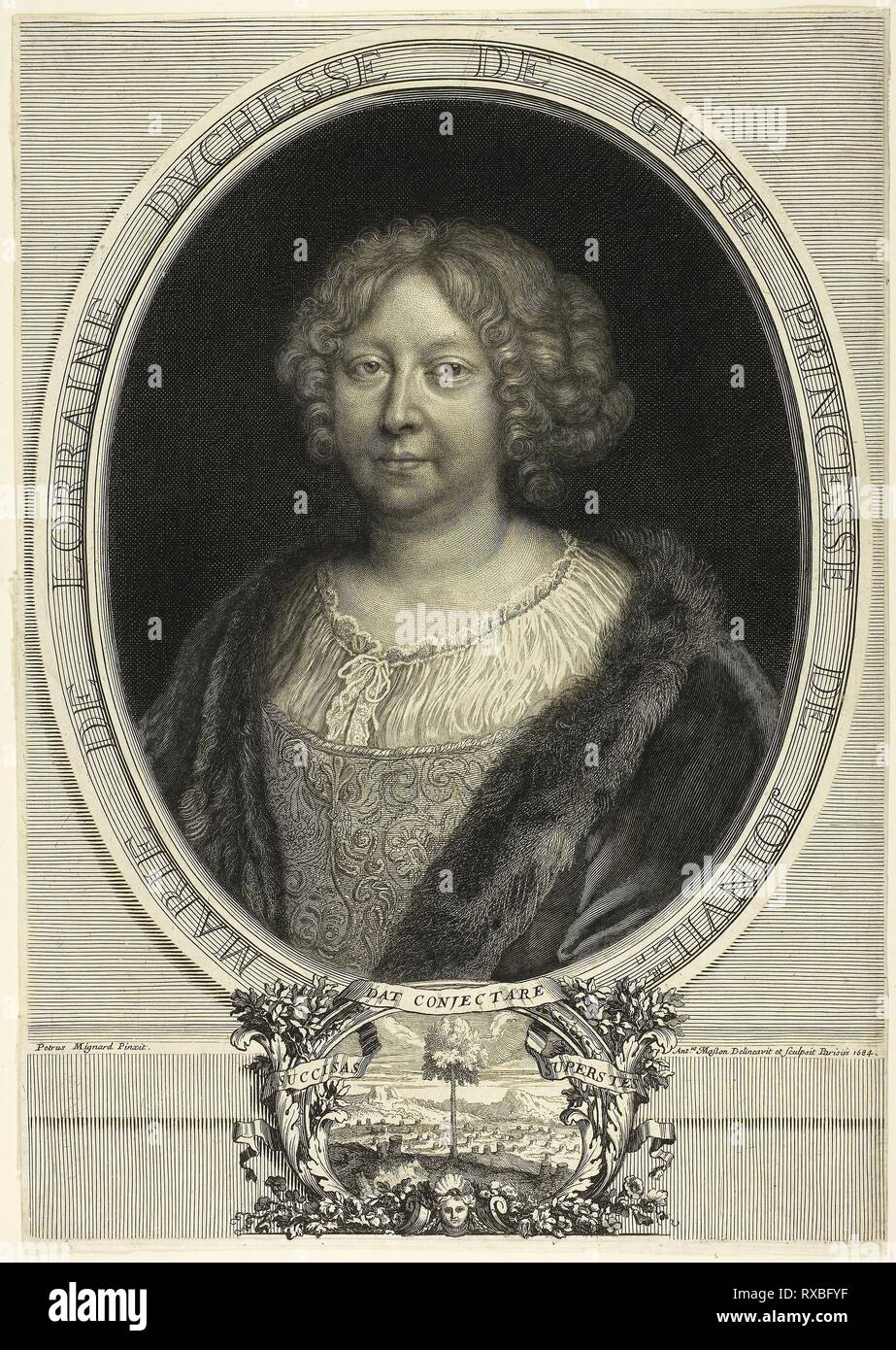 Marie de Lorraine, Duchesse de Guise, Princesse de Joinville. Antoine Masson (Français, 1636-1700) ; d'après Pierre Mignard JE (Français, 1612-1695). Date : 1684. Dimensions : 323 × 226 mm (feuille, taillés dans platemark). Gravure sur papier. Origine : France. Musée : le Chicago Art Institute. Banque D'Images